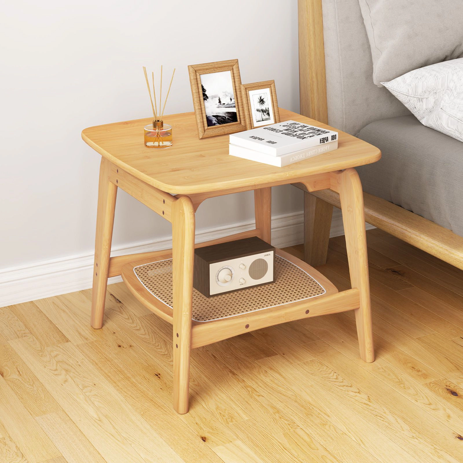 SlickBlue Wicker Sofa Side Table with 2 Tier Storage Shelf