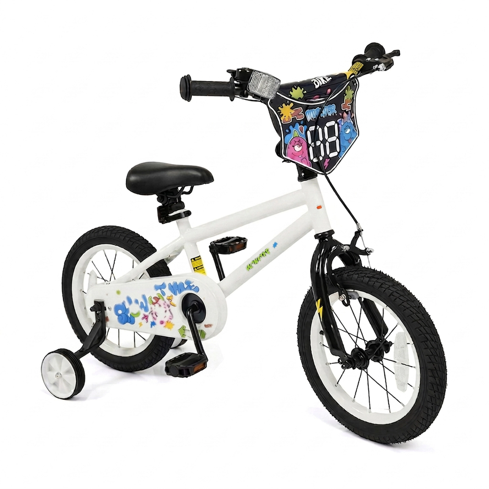 SUGIFT White Training Wheels Graphic Number Plate and Coaster Brake Kids 14 Inch Bike