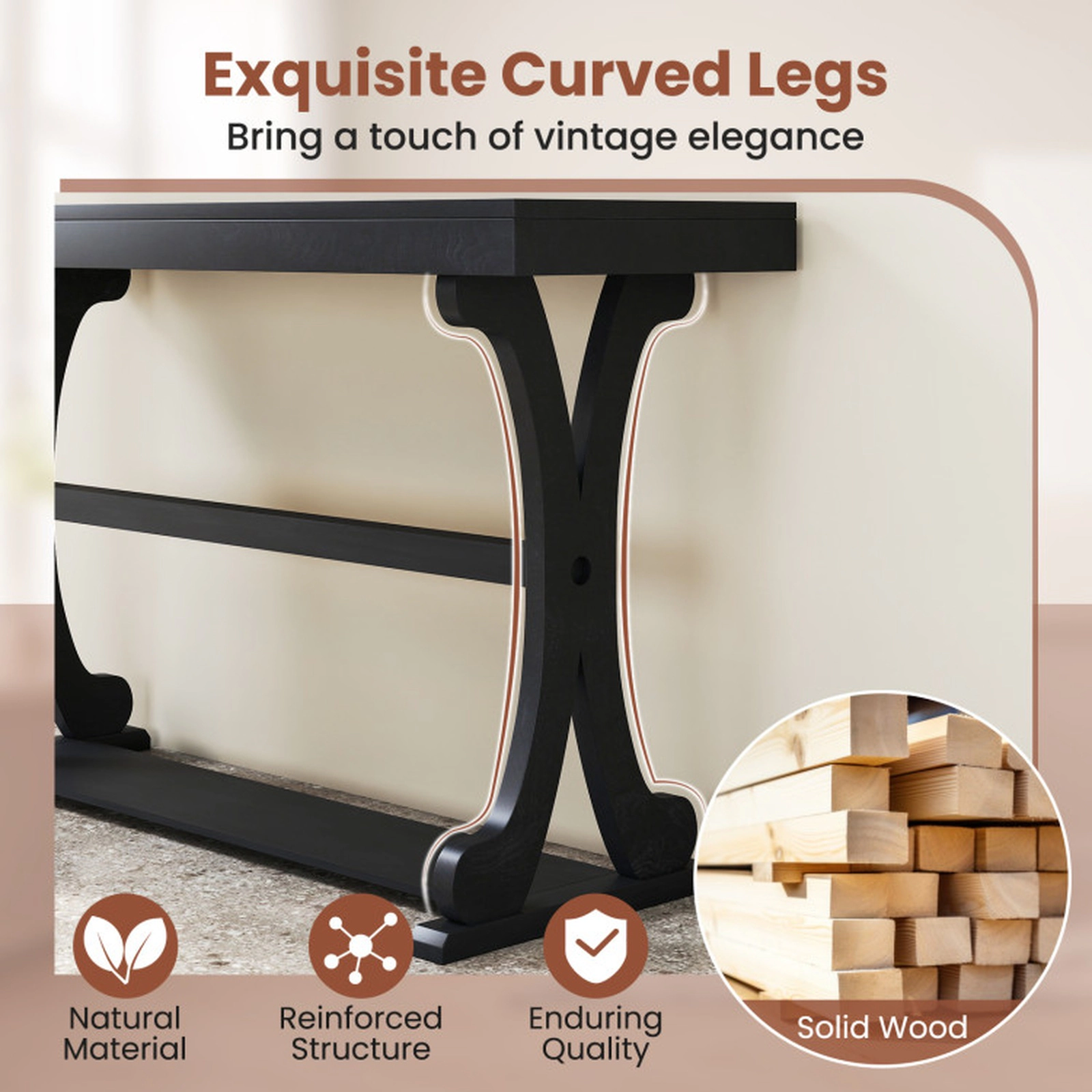 SUGIFT Solid Wood and MDF Curved Legs 2 Tier Open Shelf Console Table In Black