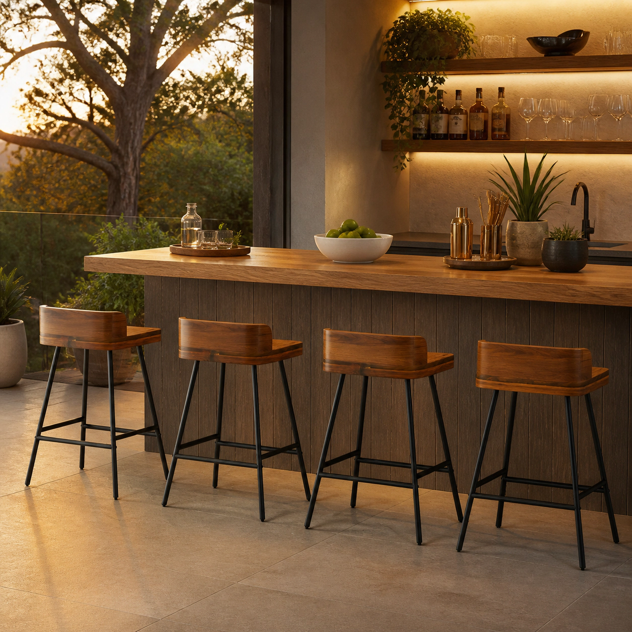 SUGIFT Set of 4 24-Inch Walnut Bar Stools, Low Back, Black Metal Legs
