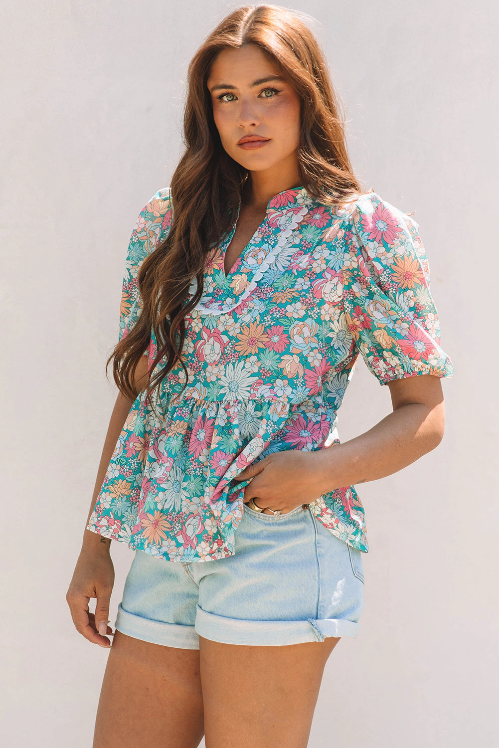Threaded Pear Women's Amaris Notched Neck Puff Short Sleeve Floral Blouse