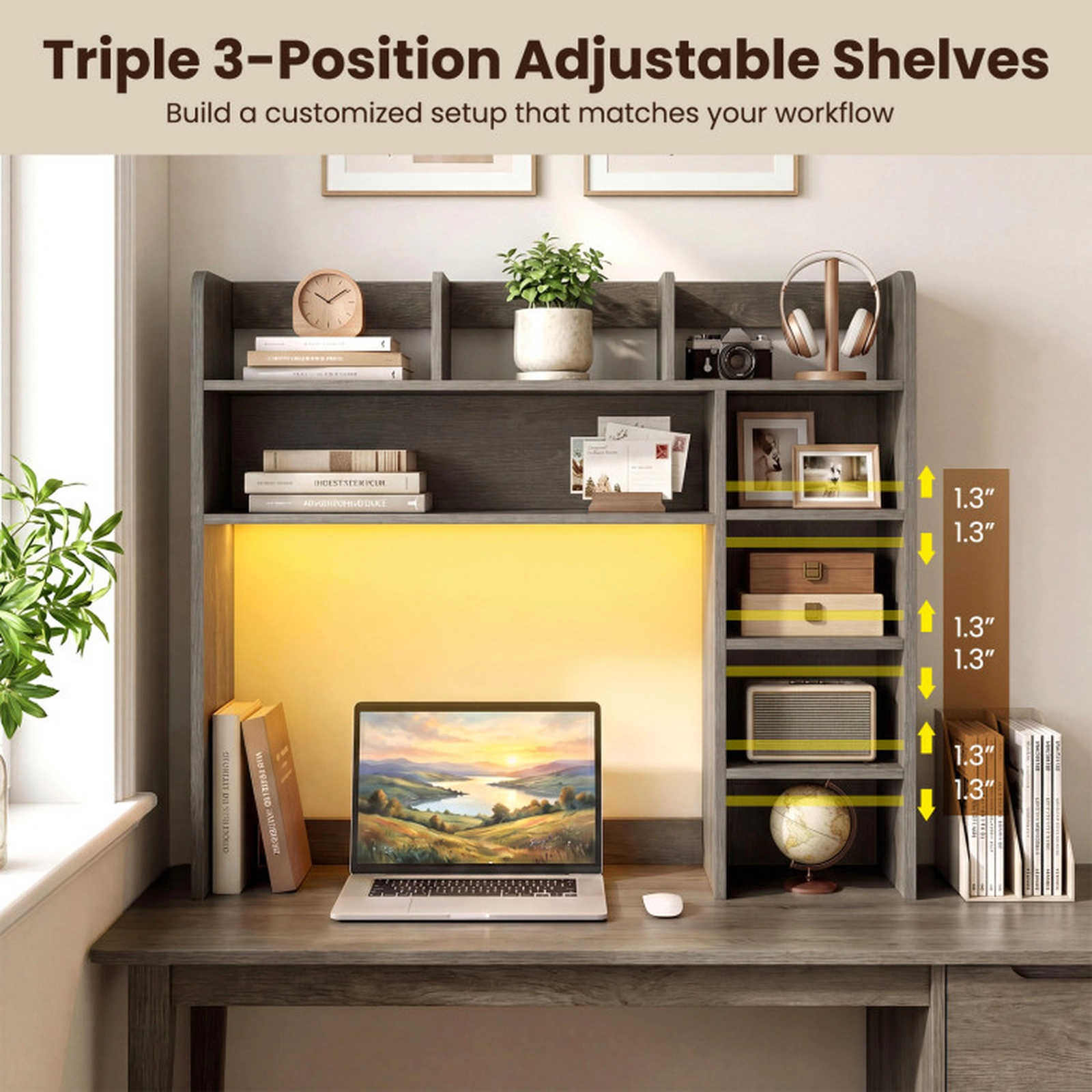 SUGIFT Desktop Bookshelf with RGB LED Lights Desk Hutch Organizer 35.5-in Wide 100-lb Top Shelf Capacity Oak
