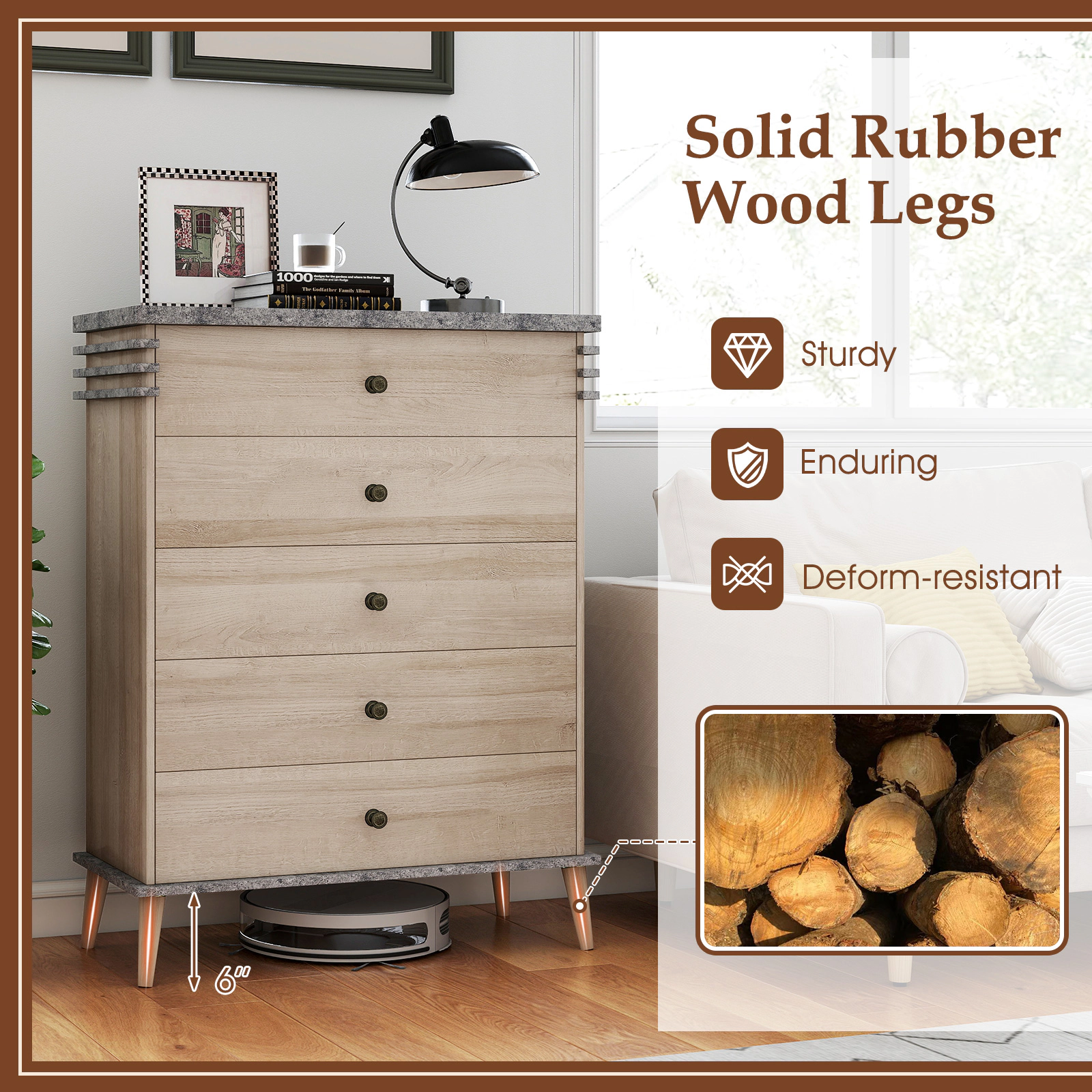 SUGIFT 45-Inch Antique Gray Farmhouse 5-Drawer Dresser Chest with Rubber Wood Legs
