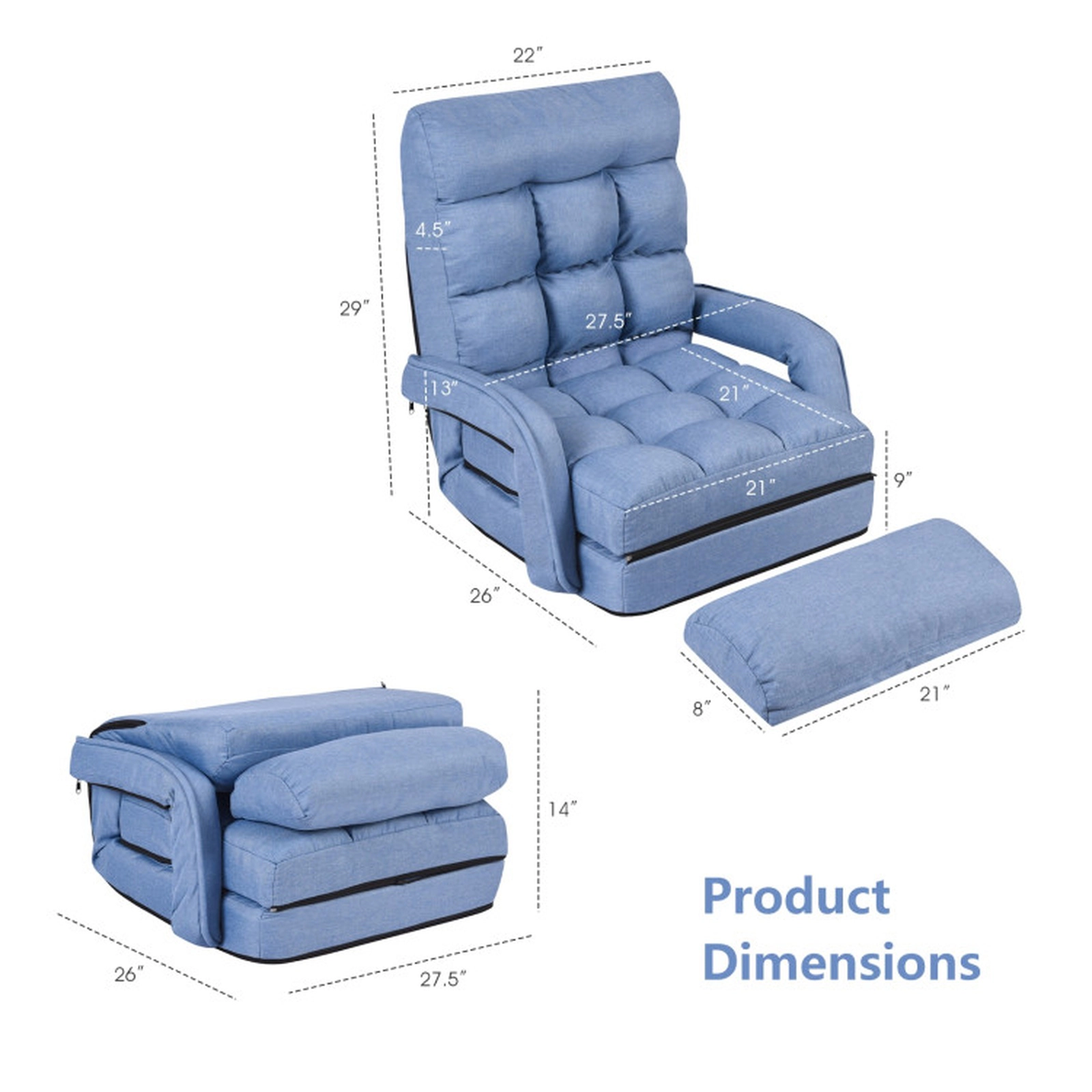 SUGIFT 6-Position Adjustable Blue Folding Floor Chair Sofa with Armrests Lumbar Pillow and Removable Cushion