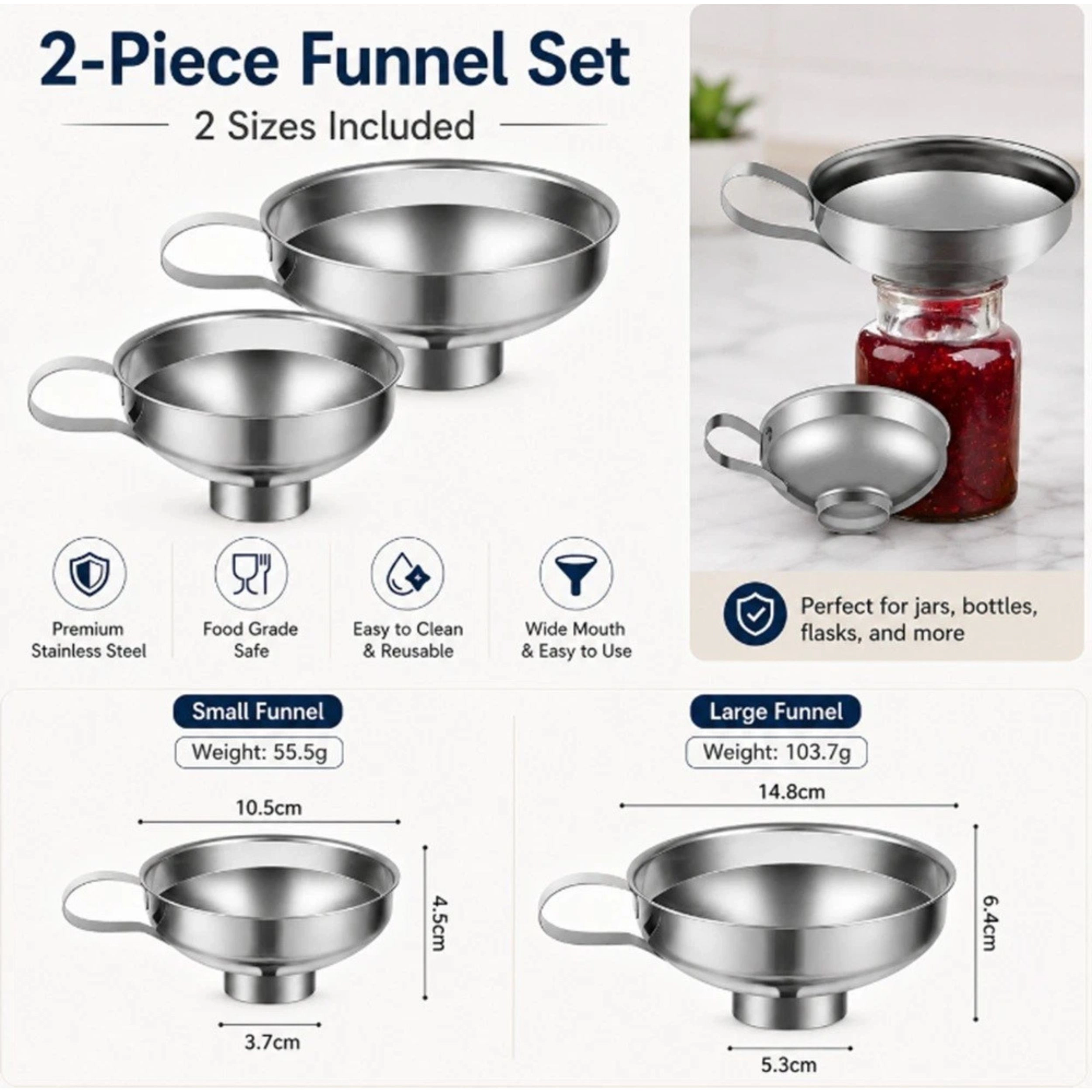 Home Collection 2-Piece Stainless Steel Wide Mouth Canning Funnel Set for Mason Jars