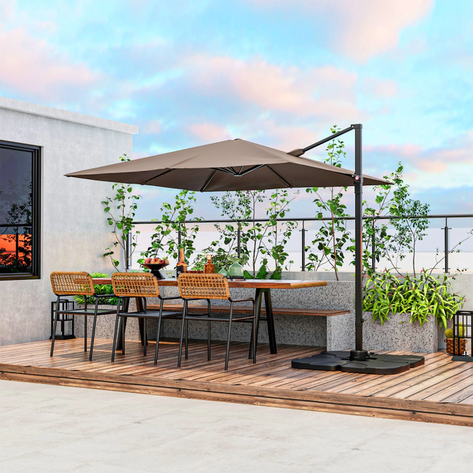 SUGIFT 9.3-ft Square Patio Cantilever Umbrella with 360° Rotation Foot Pedal and Cross Base Coffee Polyester Canopy