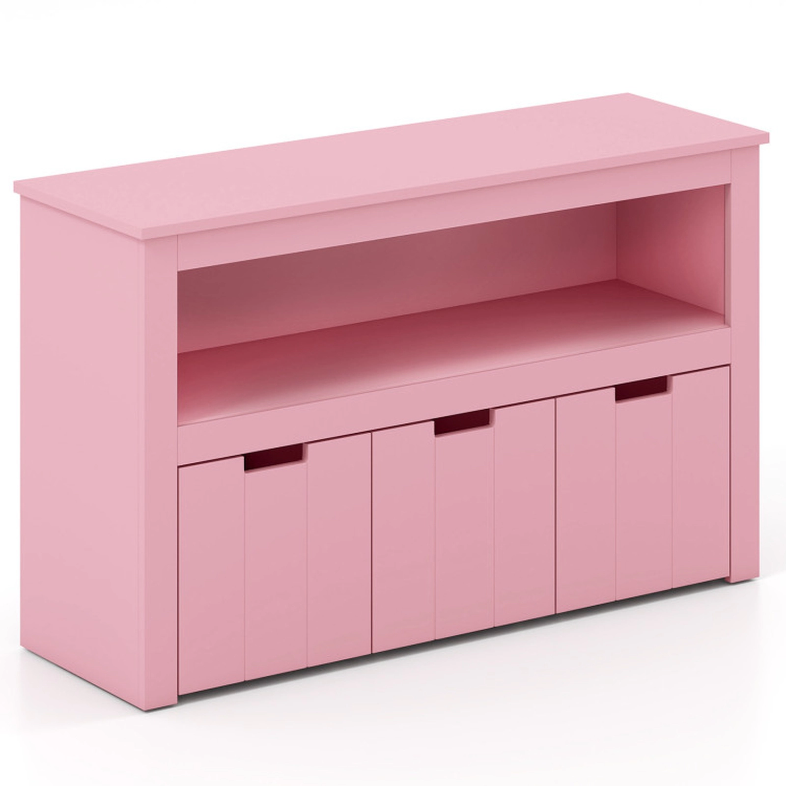 SUGIFT Kids 3 Slide-Out Drawers Wheels Open Shelf Toy Storage Cabinet 40-in x 13-in x 24.5-in 110-lb Capacity Pink