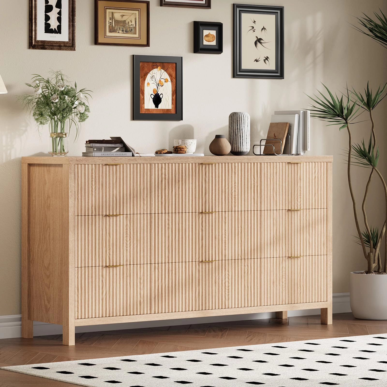 58.5" Wide Fluted 9 Drawer Dresser, Mid-Century Wood Storage Chest for Bedroom