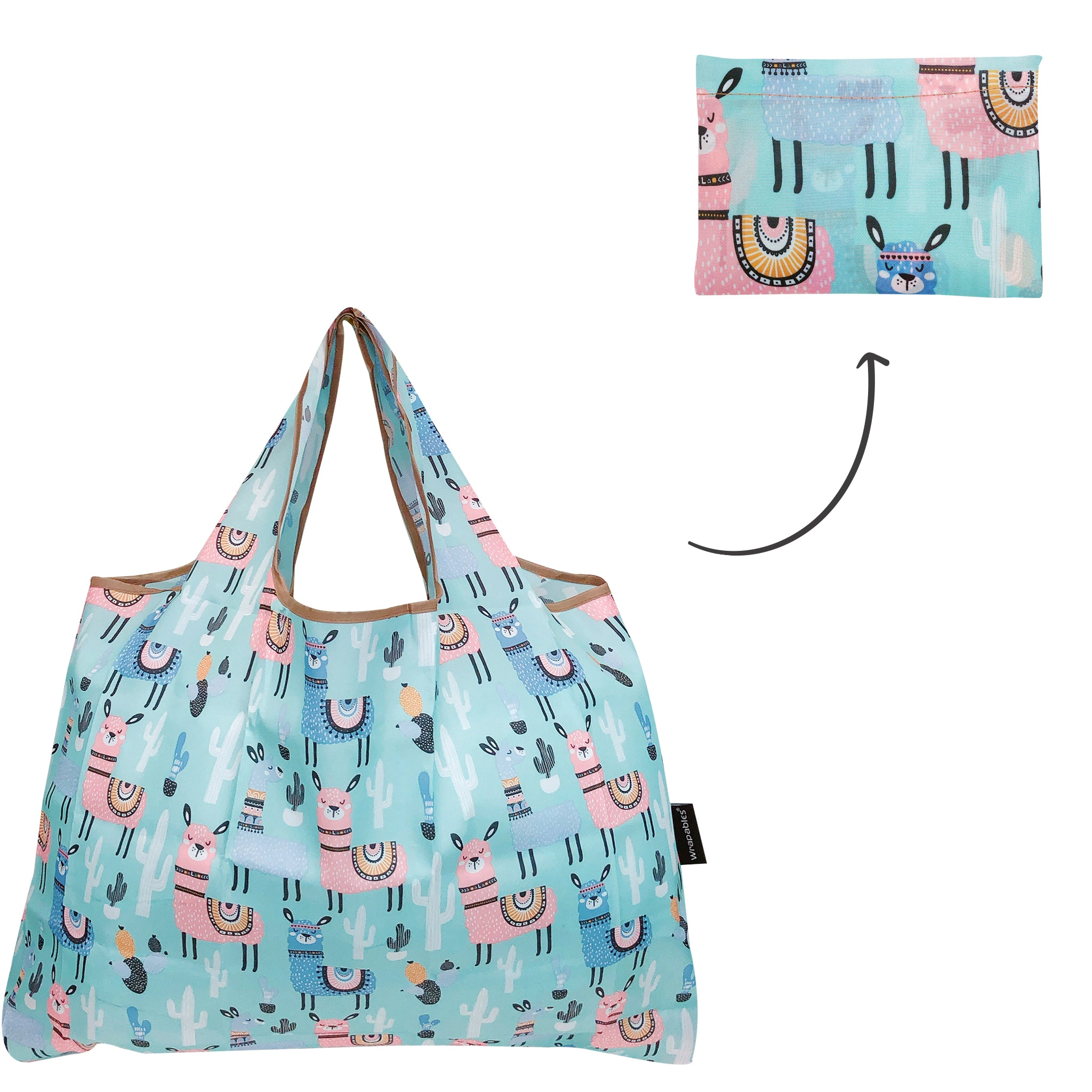 Wrapables Large Nylon Reusable Shopping Bags for Groceries (Set of 3), Flamingoes, Dogs, Llamas