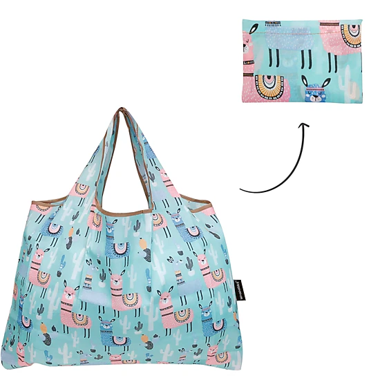 Wrapables Large Nylon Reusable Shopping Bags for Groceries (Set of 3), Flamingoes, Dogs, Llamas