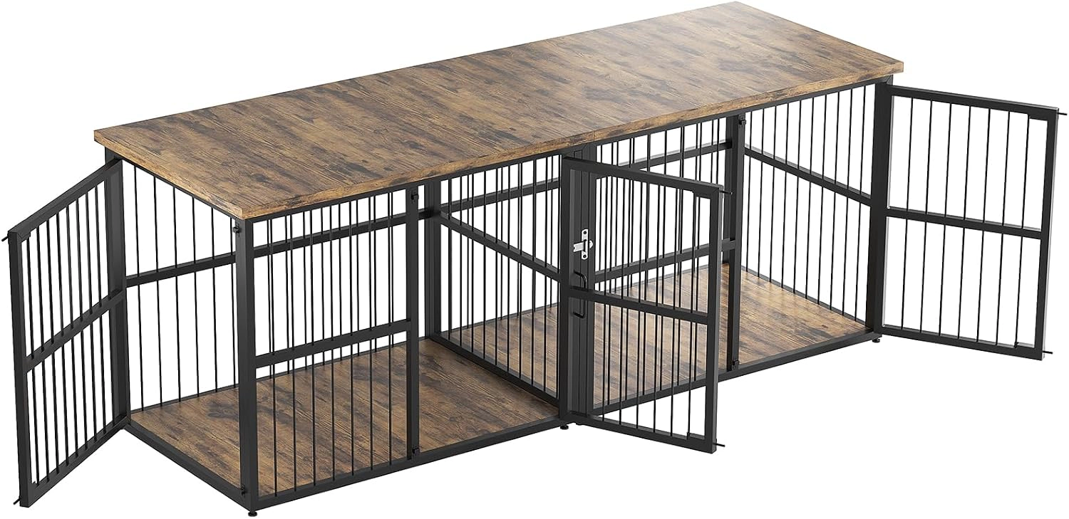 Double Dog Crate Furniture, Heavy-Duty Ironwood Pet Cage with Divider for Two Pets