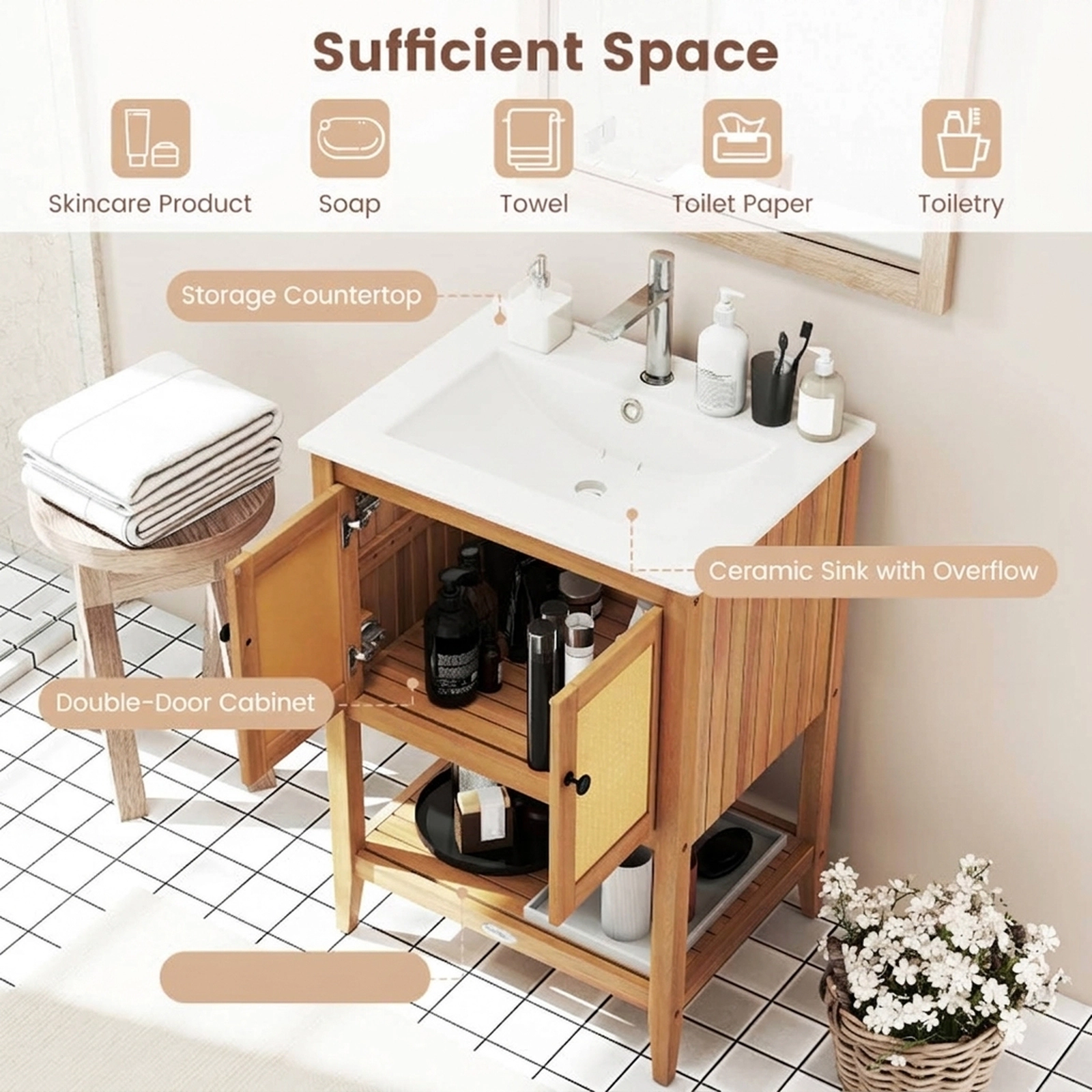 SUGIFT 2-Door Rattan Ceramic Sink Slatted Shelf Acacia Wood Bathroom Vanity 24-in x 18-in x 34-in 70-lb Capacity Natural
