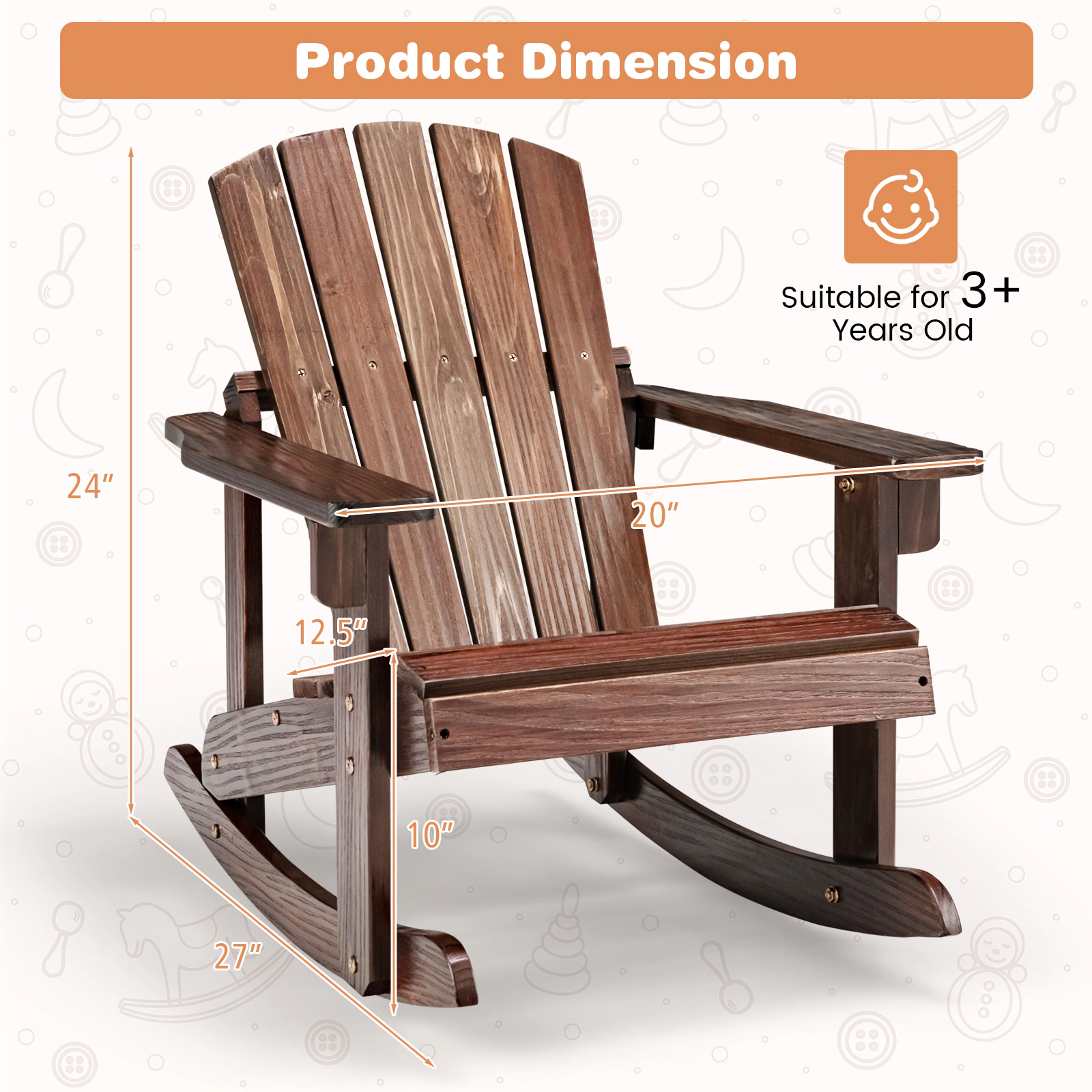 SUGIFT Kids Coffee Brown Adirondack Rocking Chair with Slatted Seat 20-in W 27-in D 24-in H 110-lb Seat Capacity