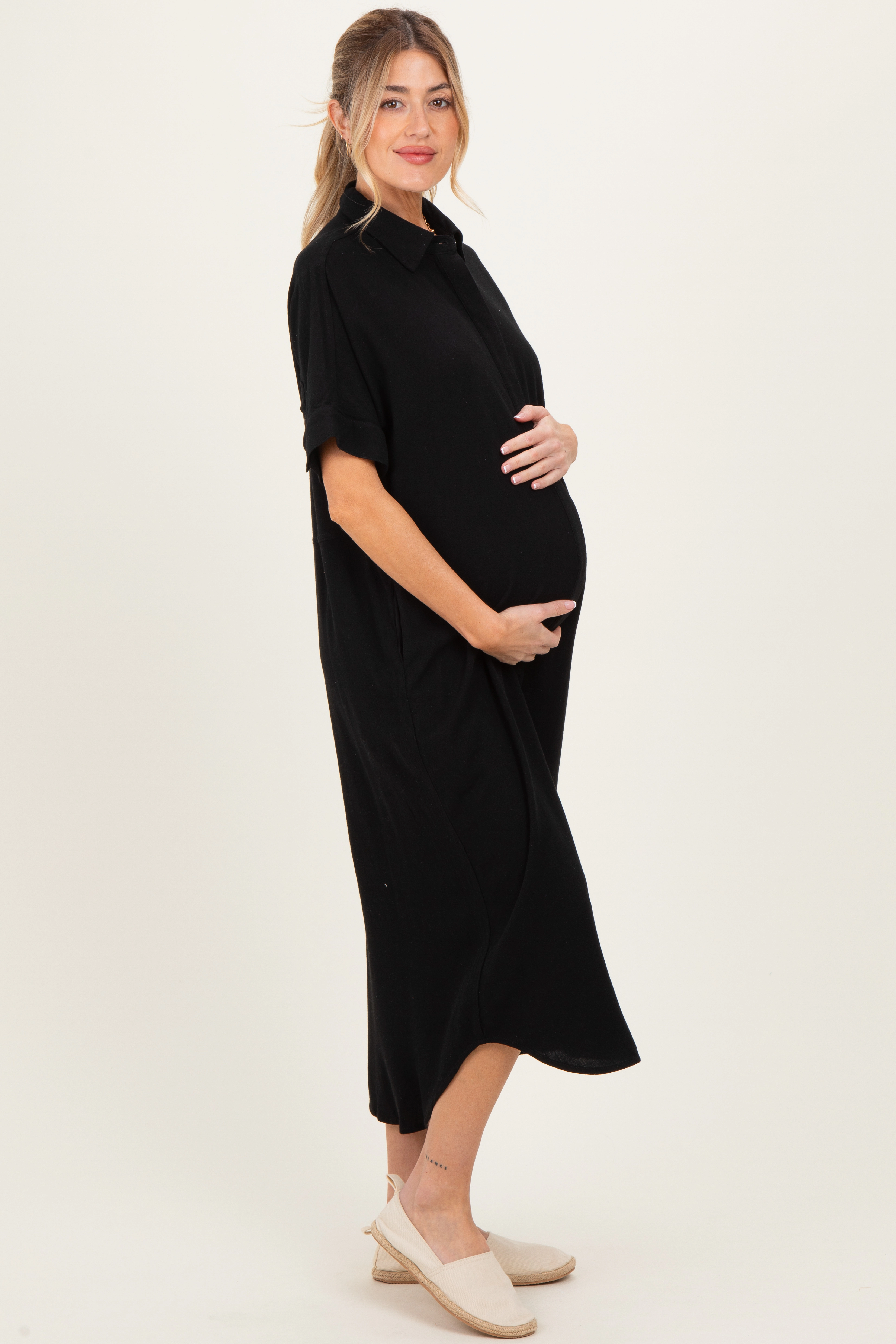 PinkBlush Womens Black Button Down Maternity Midi Shirt Dress