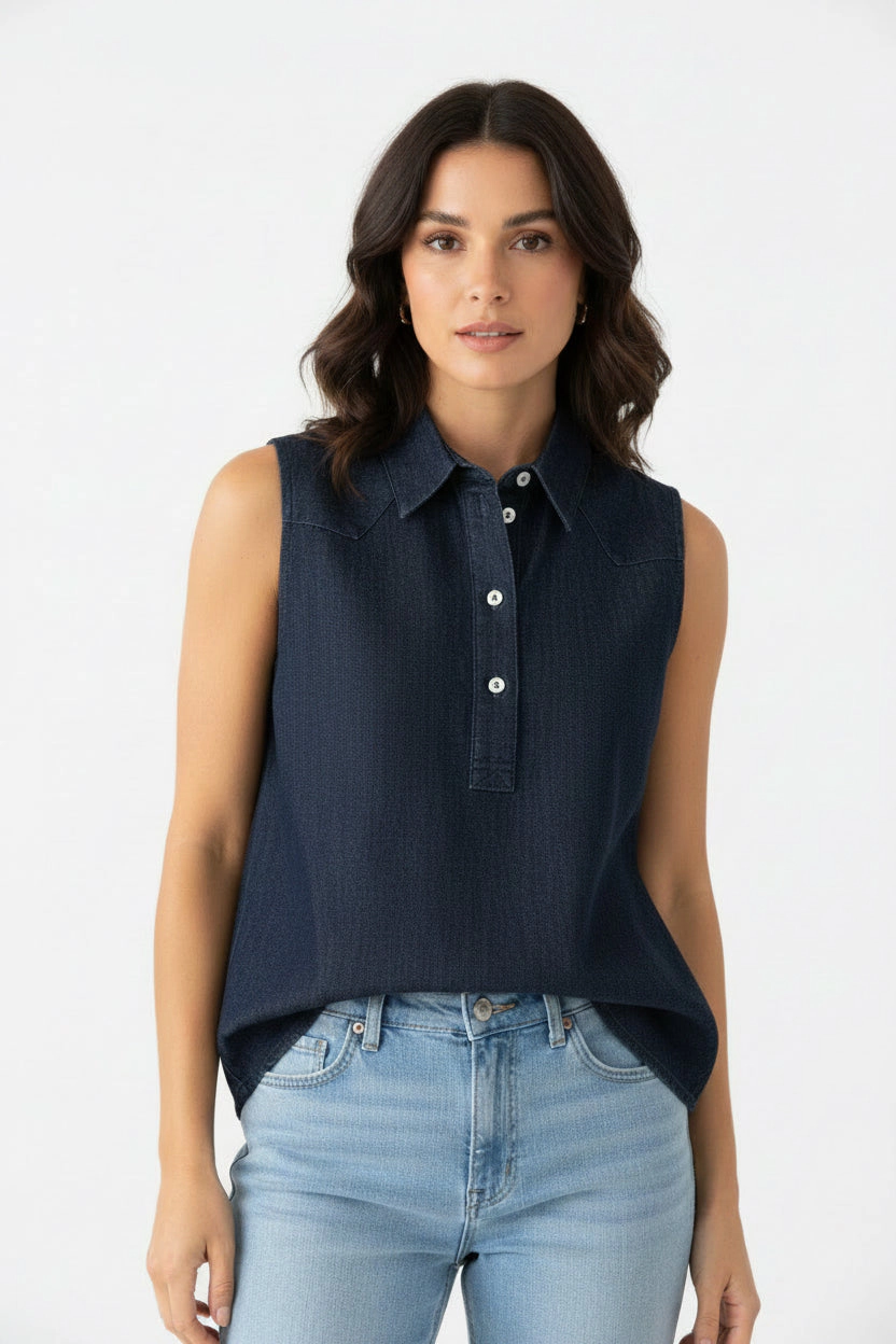 DressAtR Women's Navy Blue Denim Sleeveless Collared Front Button Shirt