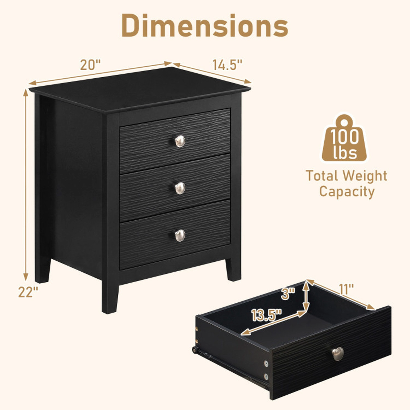 SUGIFT Modern Farmhouse 3-Drawer Nightstand, Black MDF with Wood Grain Accents