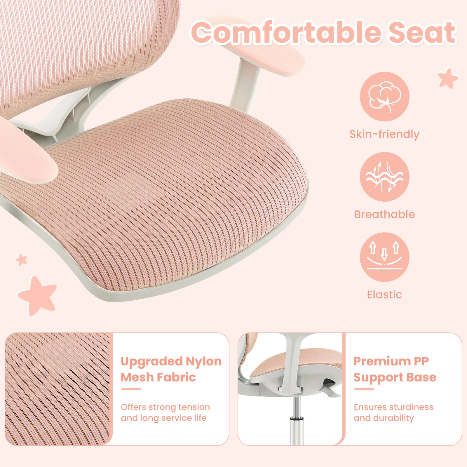 SUGIFT Pink Kids Desk Chair, Adjustable Mesh Study Chair with Swivel and Sit-Brake Casters