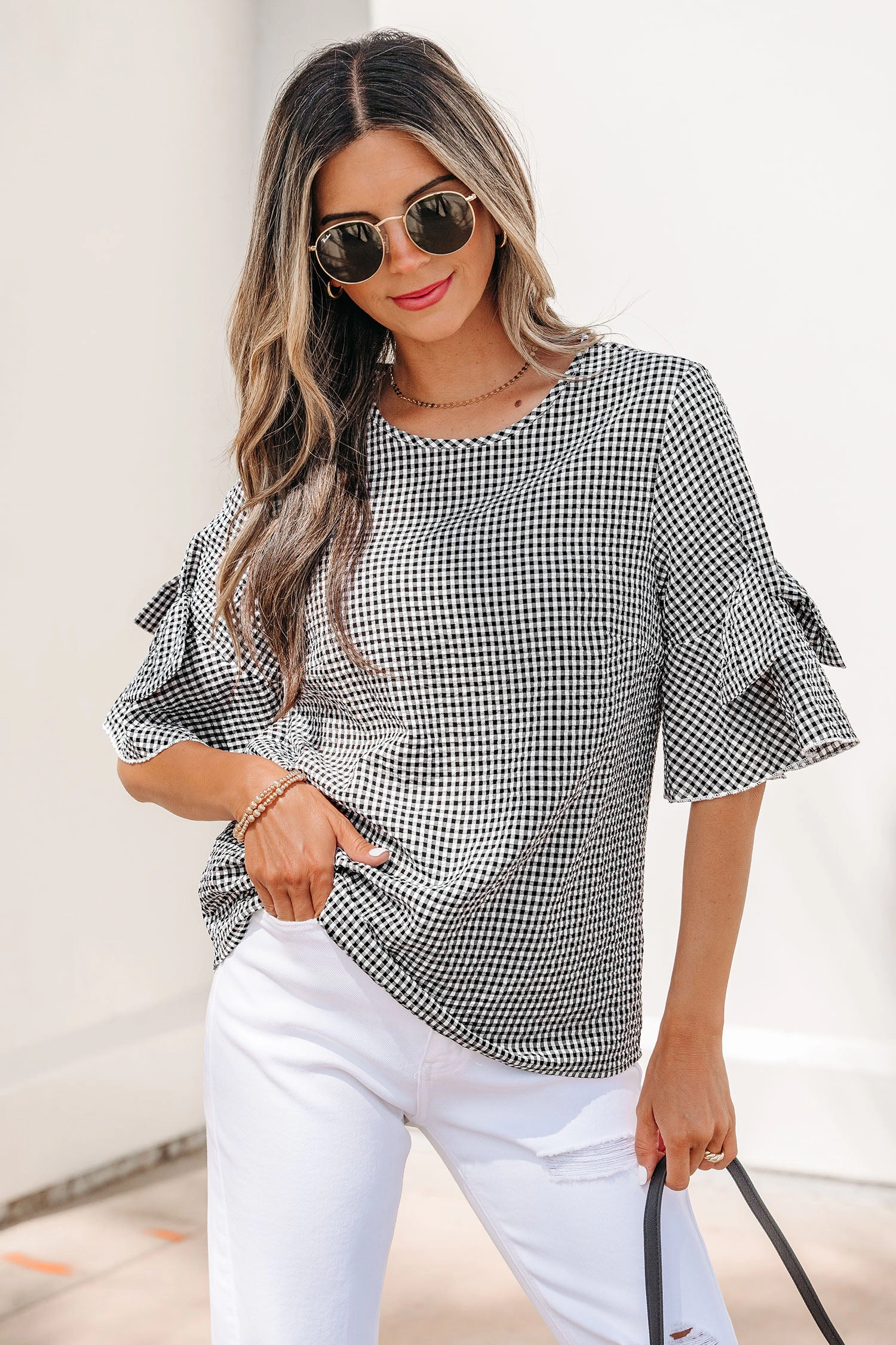 Threaded Pear Carolina Ruffled Half Sleeve Blouse