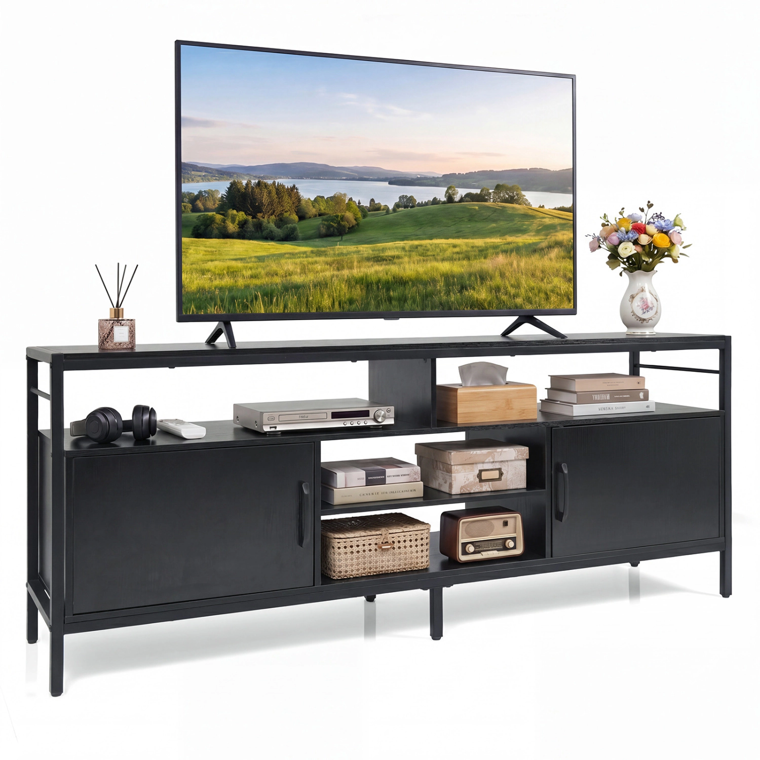 Glintex 58-Inch Industrial TV Stand with 4 Open Shelves and 2 Cabinets, Black
