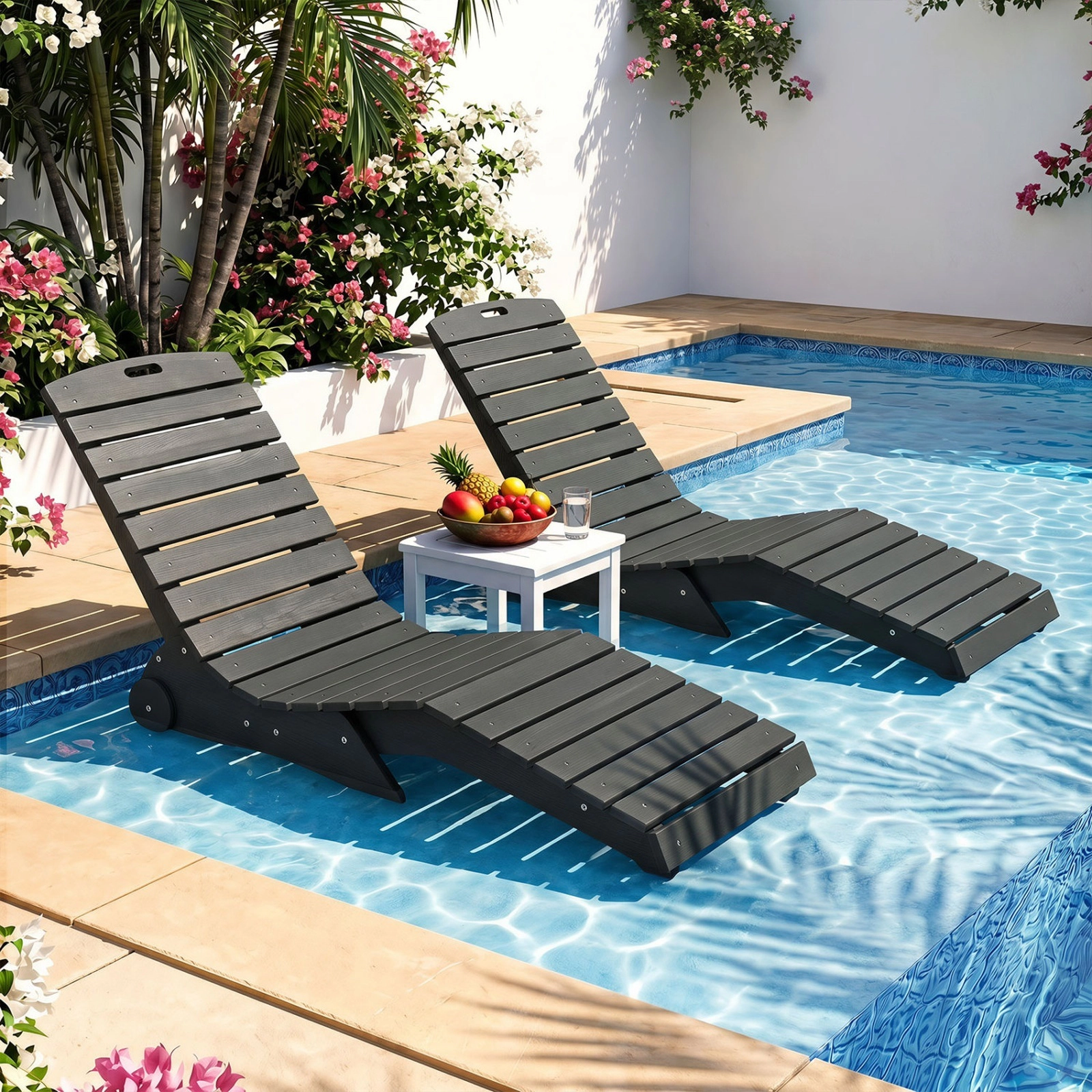 SUGIFT In-Pool Lounge Chair, Weighted HDPE Baja Shelf Tanning Ledge Chair with Wheels, Dark Gray