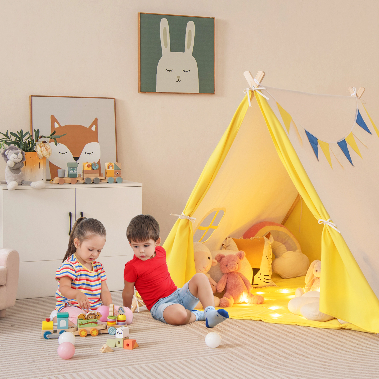 SUGIFT Kids Yellow and Beige Play Tent with Solid Pine Wood Frame 57-in W 54-in D 48-in H for 2 Children
