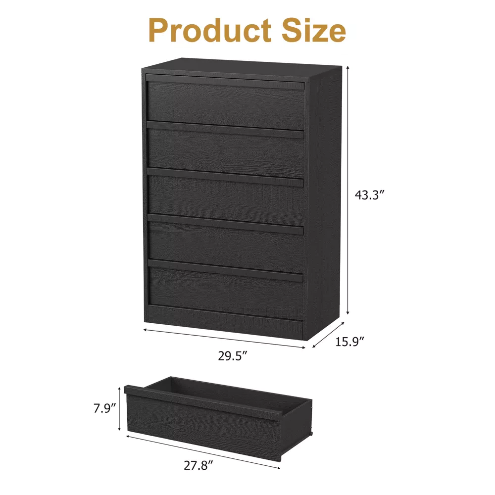 5 Drawer Modern Handleless Dresser, 43" Tall Wooden Storage Organizer for Bedroom Living Room Nursery