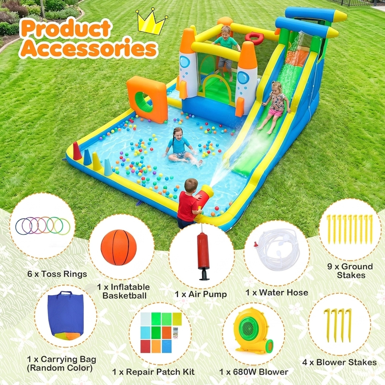 10-in-1 Inflatable Bounce House with Water Slide Splash Pool Climbing Wall Ball Pit Tunnel and 680W Blower