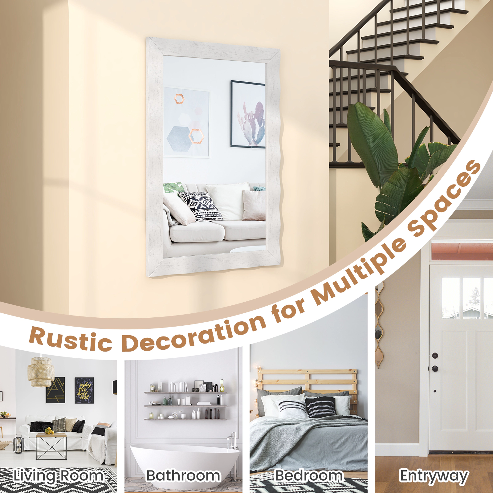 SUGIFT White 41.5-in x 28-in Large Rectangle Farmhouse Wall Mirror with Solid Rubberwood Frame for Entryway