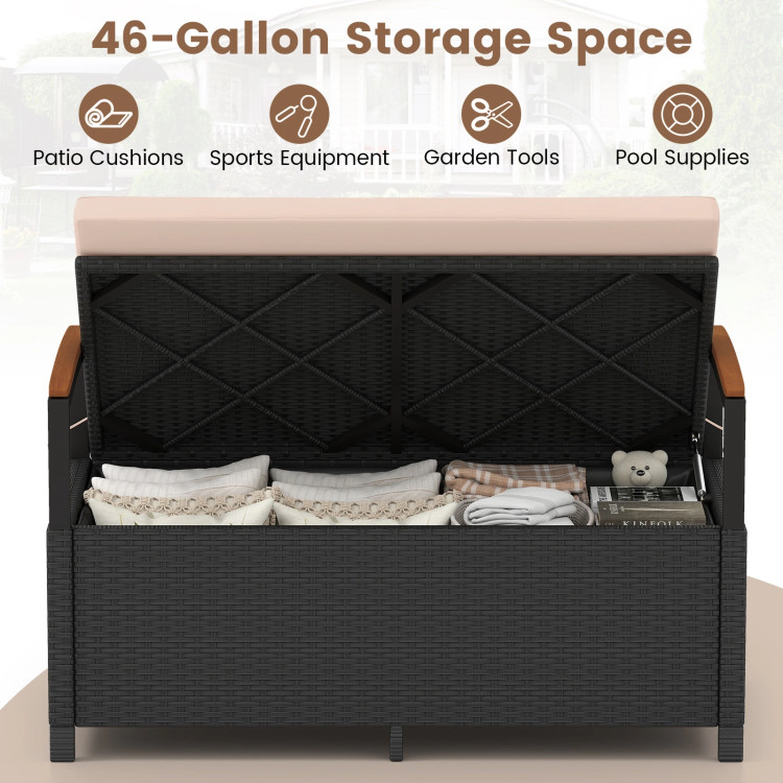 SUGIFT 46-Gal 800-lb Capacity 2-Person PE Wicker Rattan Outdoor Patio Storage Bench Deck Box with Cushion