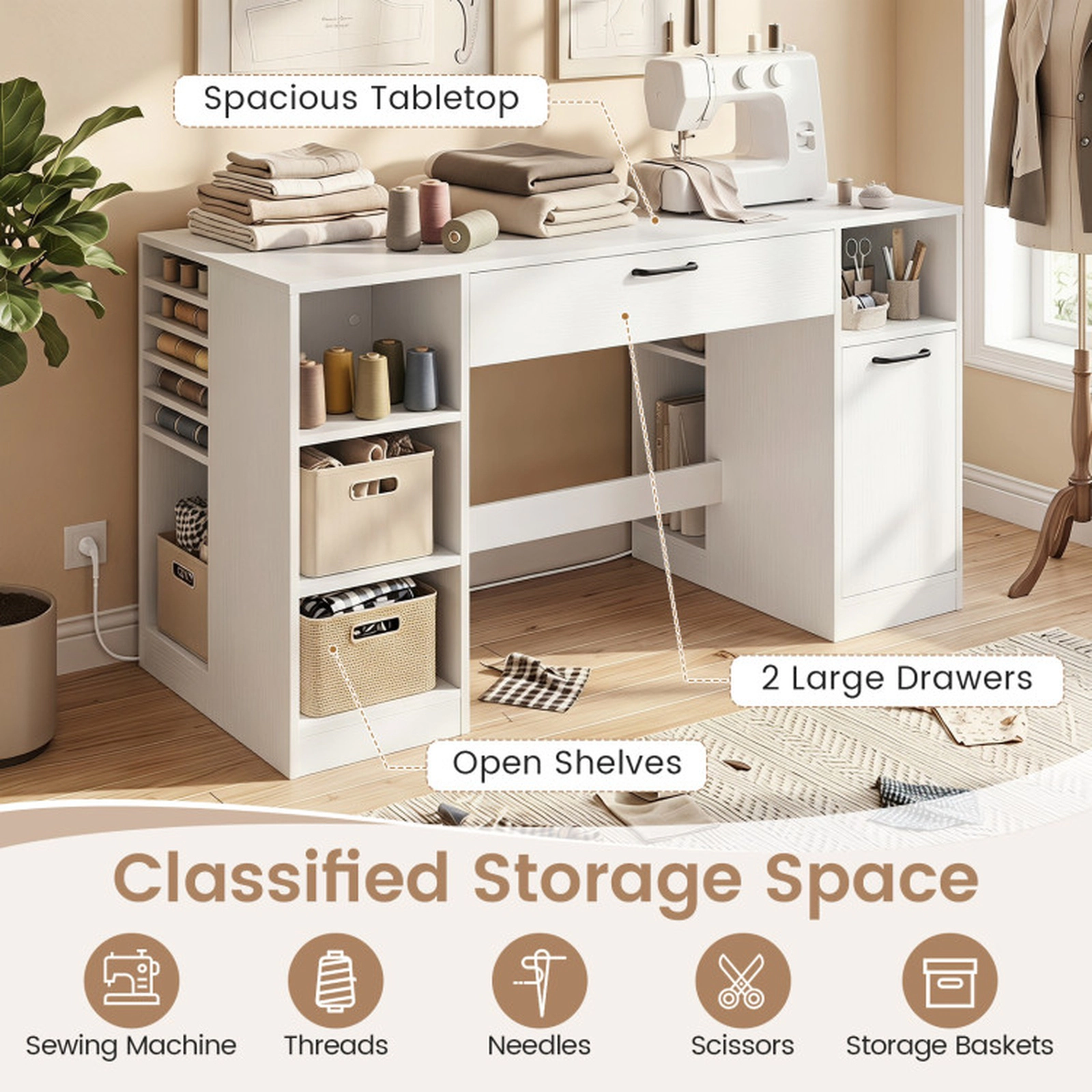 SUGIFT 53-in 110-lb Capacity White Craft Station Desk with 2 Drawers 5 Removable Shelves and Power Outlets