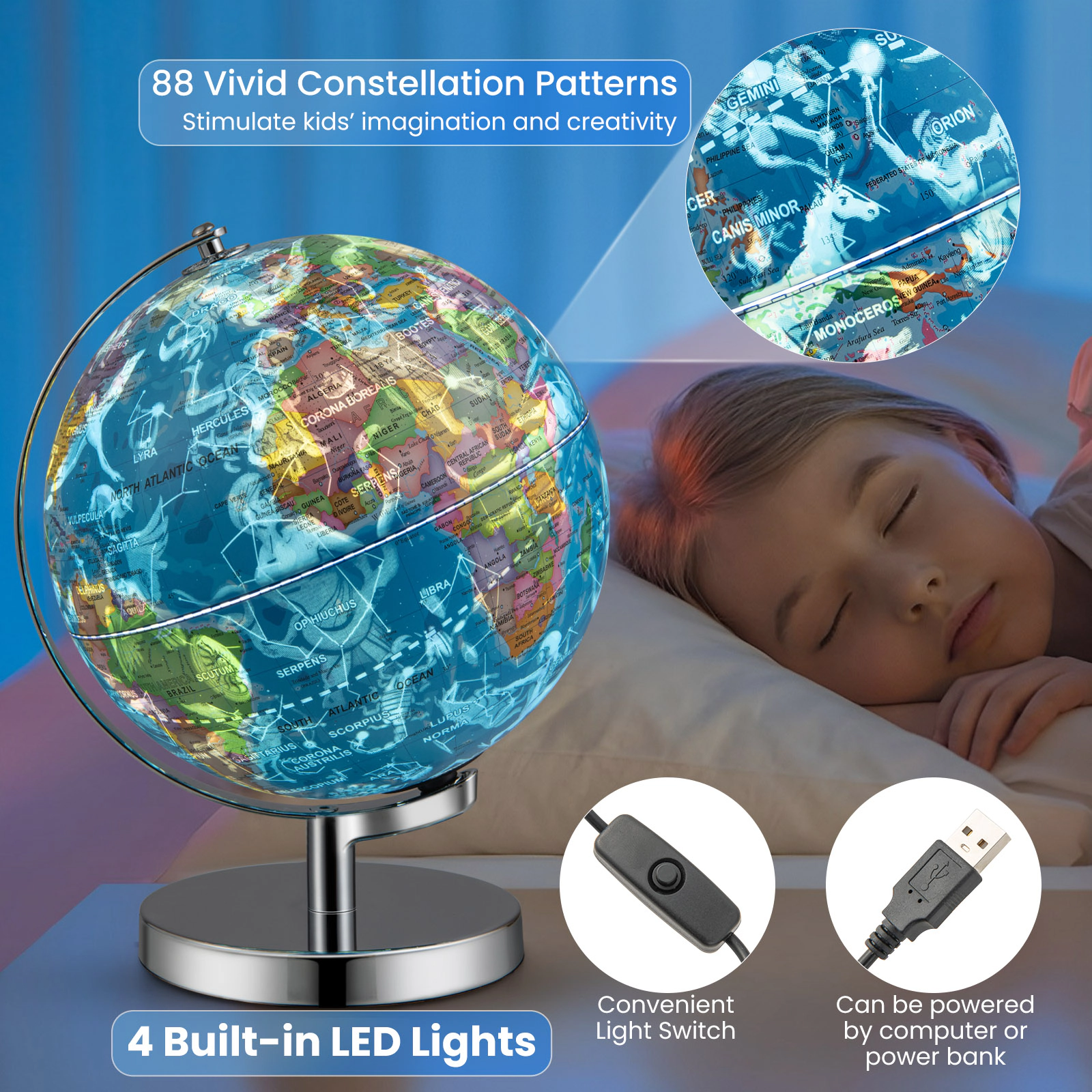 SUGIFT Kids 3-in-1 Illuminated 88 Constellations Night Light World Globe 9-in Diameter 9.5-in x 9.5-in x 11.5-in Blue