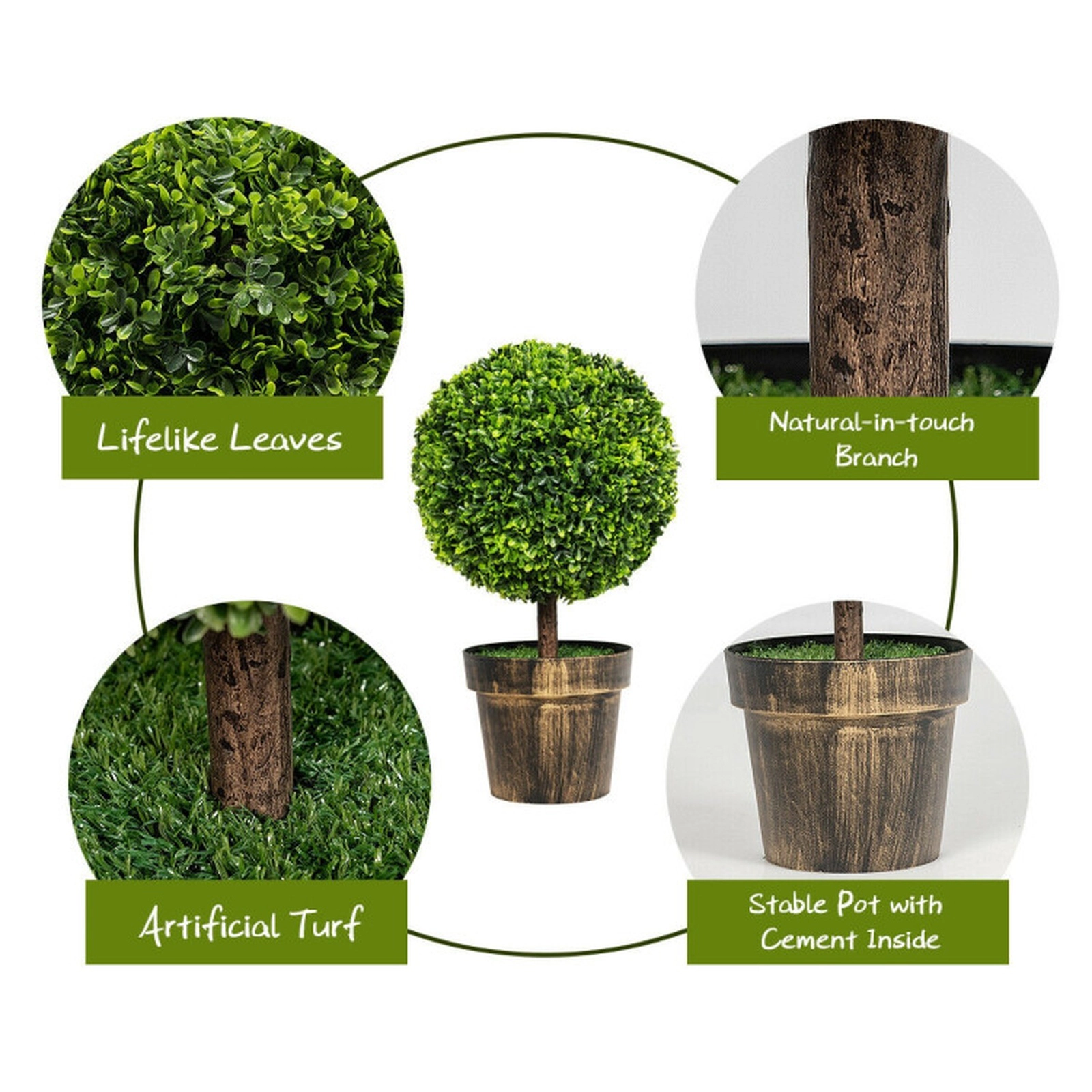 SUGIFT 2-Piece Natural Trunk Cement-Filled Pot Artificial Boxwood Topiary Ball Trees 24-in x 12-in 7-lb Each Green