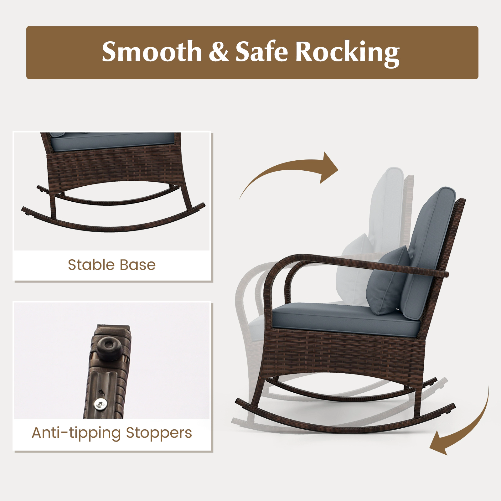SUGIFT 3-Piece Gray Patio Furniture Set with 2 Rattan Rocking Chairs and Glass Table 400-lb Per Chair