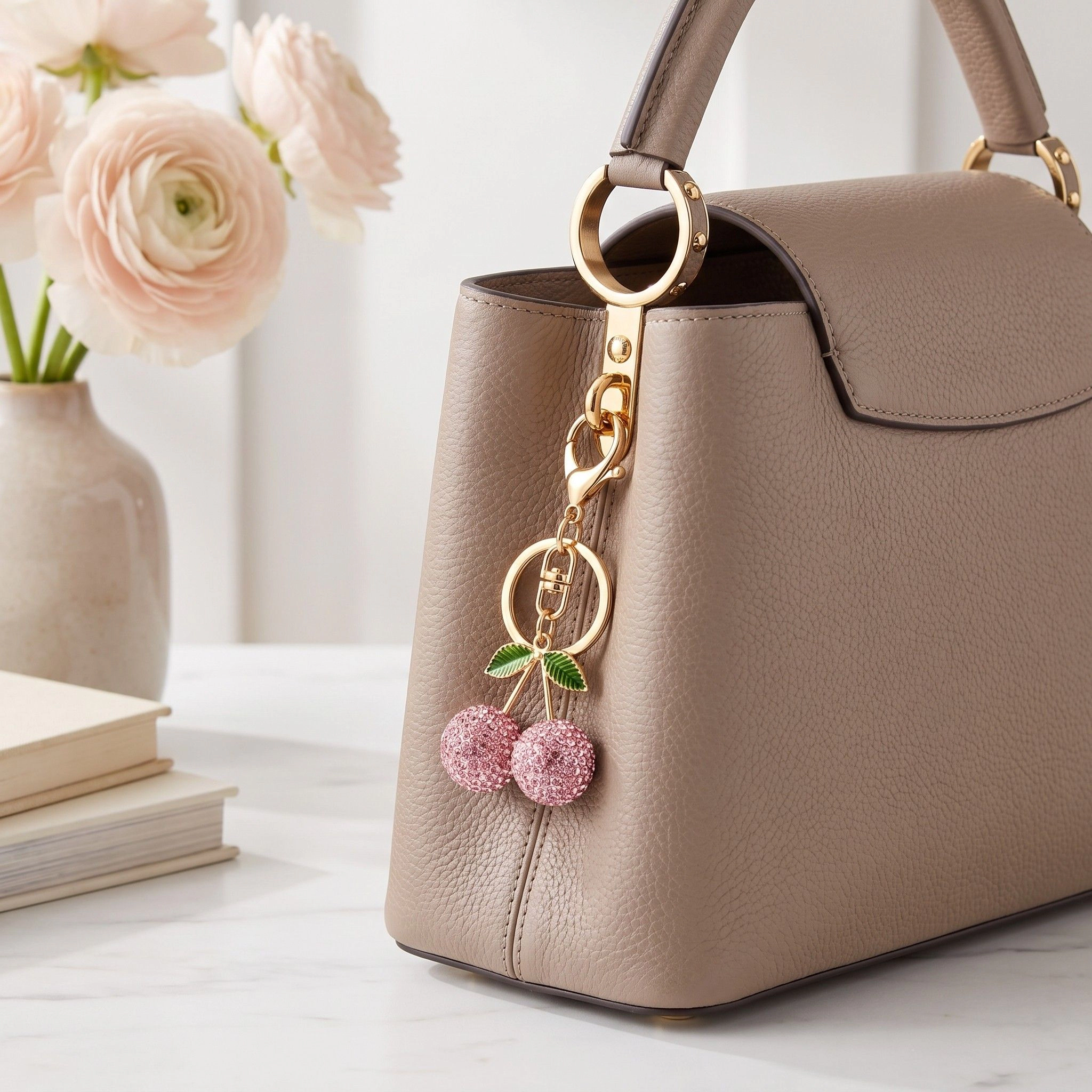 Alilang Women's Rhinestone Cherry Bag Charm Keychain with Gold-Tone Lobster Clasp, Pink