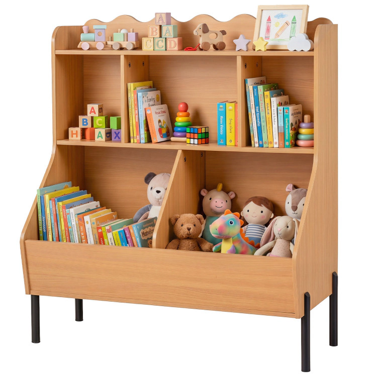 Hivvago Kids Toy Storage Organizer Wooden Montessori Bookshelf with 5 Cubes