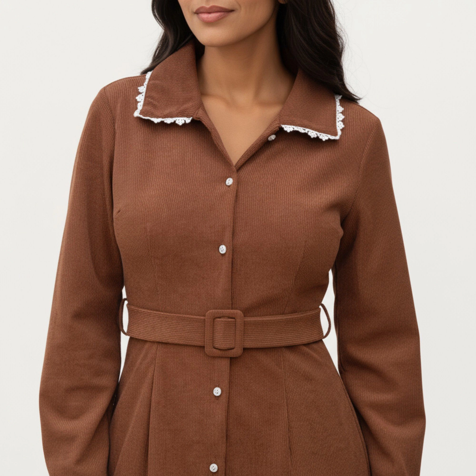 Anna-Kaci Women's Long Sleeve Button Front Belted Waist Trimmed Collar Midi Dress
