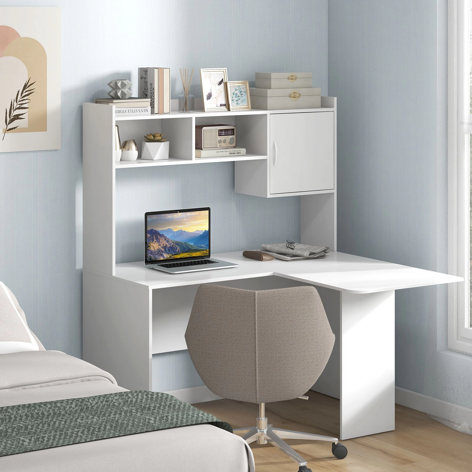 SlickBlue L-Shaped Computer Desk with Raised Hutch and Shelves