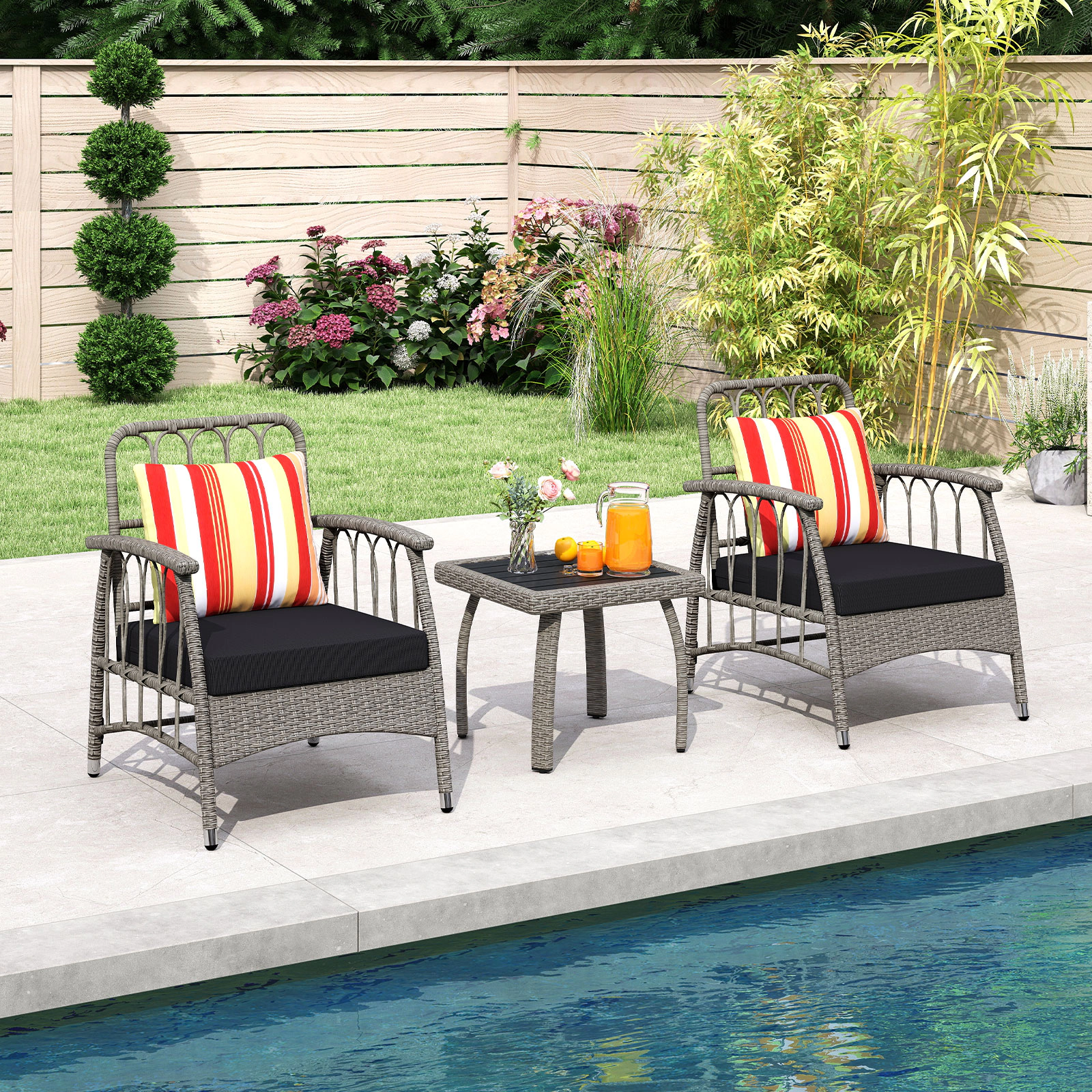 SUGIFT 5-Level Adjustable Backrest Chairs 3-Piece Gray Patio PE Wicker Set