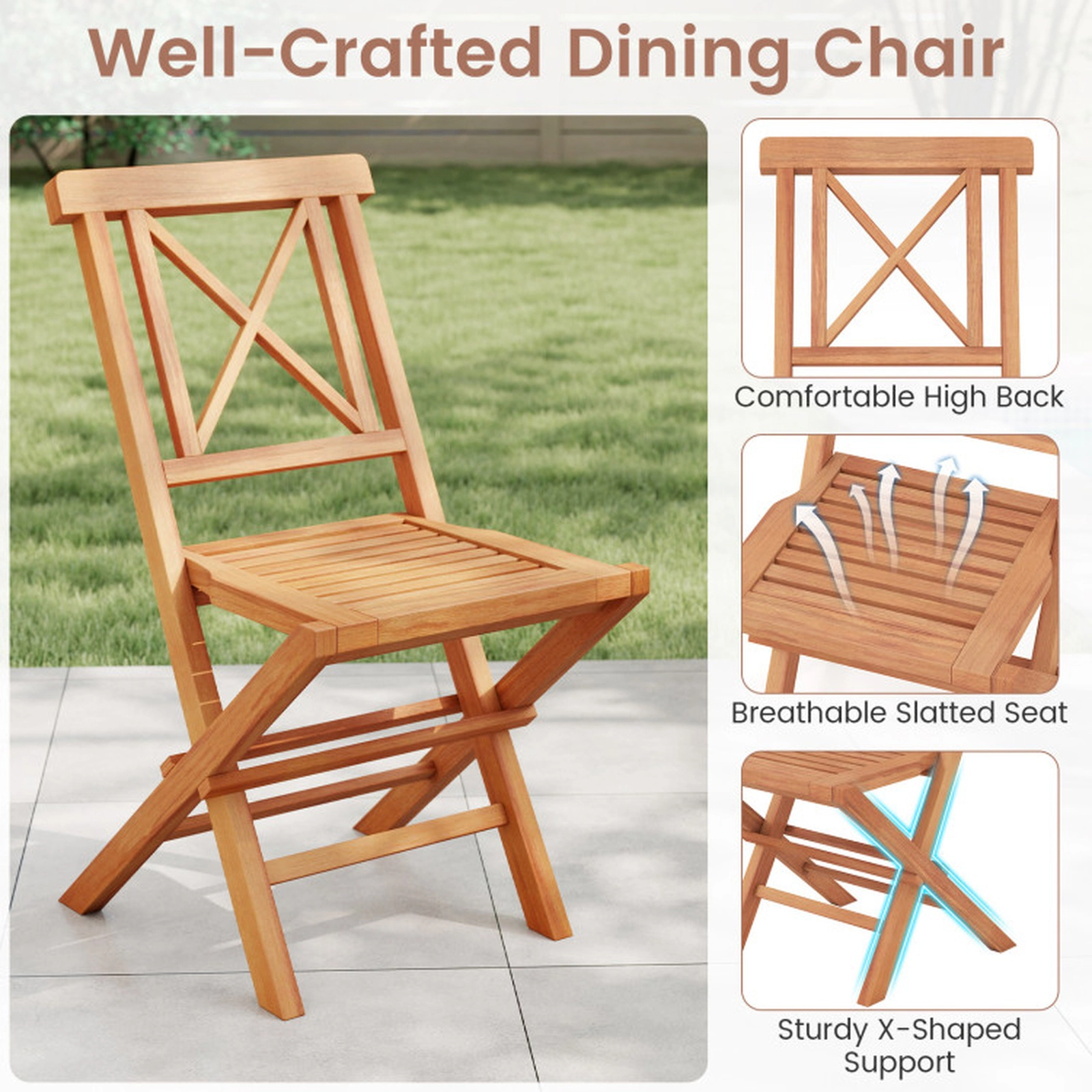 SUGIFT Set of 2 Natural Teak Wood Folding Patio Dining Chairs, 400-lb Capacity
