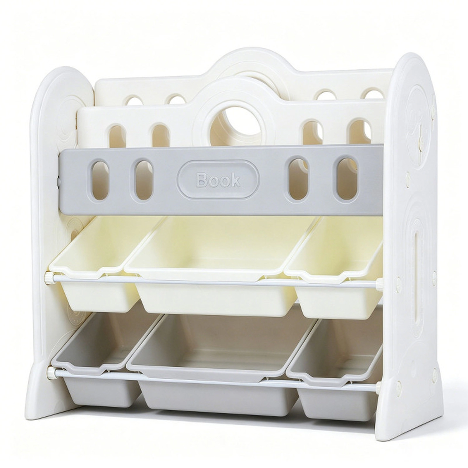 SUGIFT 2-Tier Front-Facing Kids Bookshelf and Toy Storage Organizer Ages 3+ with 2 Large and 4 Small Bins White + Gray