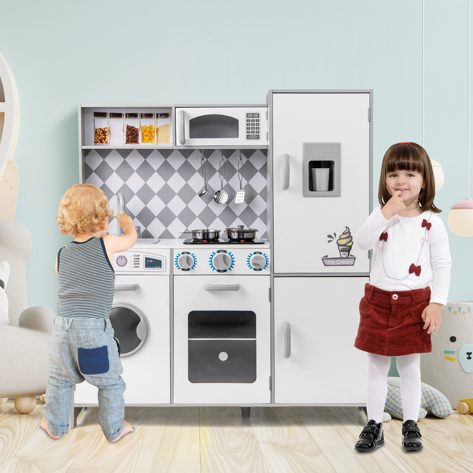Pretend Play Kitchen for Kids with Light Up Stove Real Sounds Washing Machine and Ice Maker 36-in x 12-in x 40-in White