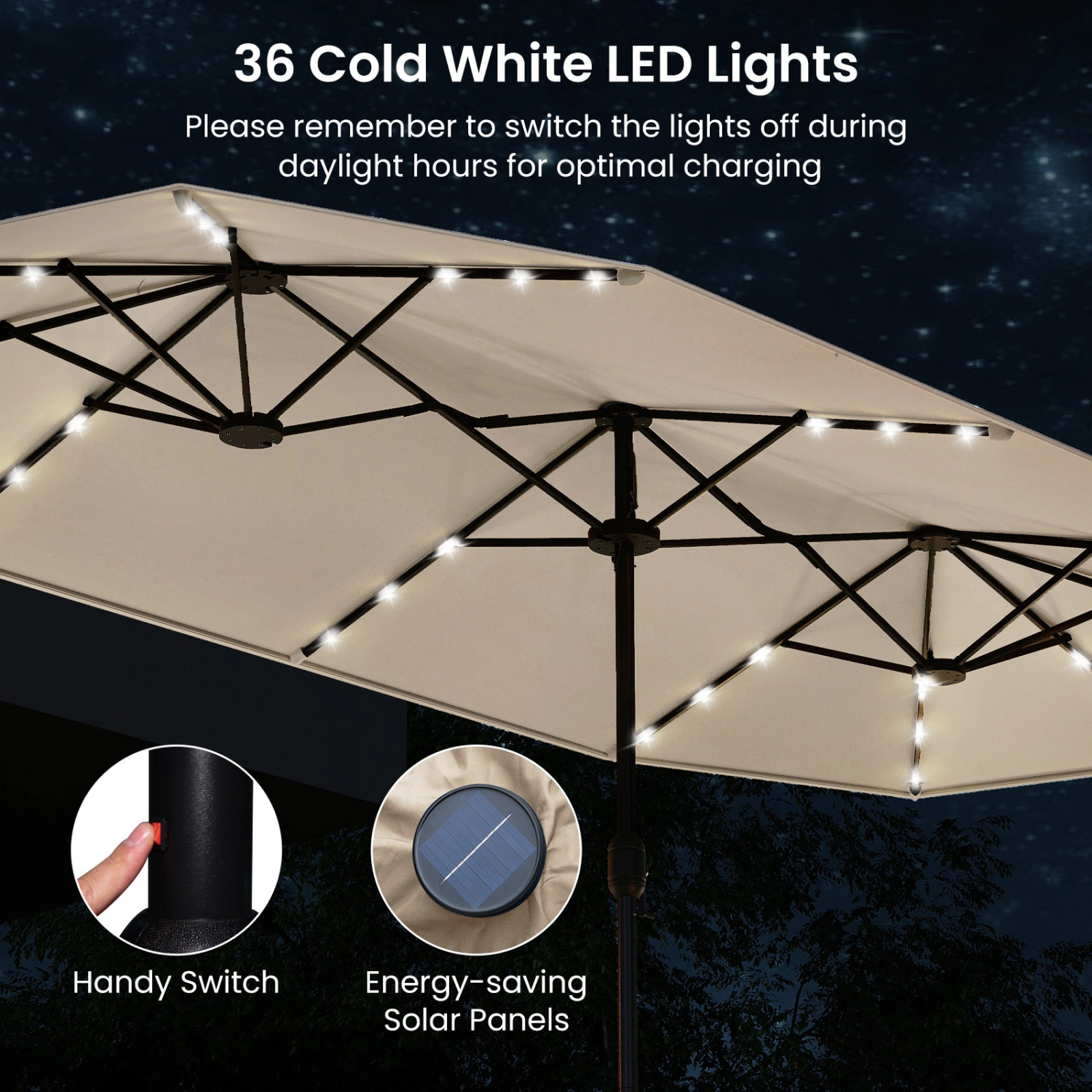 SUGIFT 13-ft Beige Rectangular Double-Sided Patio Umbrella with 36 Solar LED Lights 12 Ribs and Cross Base