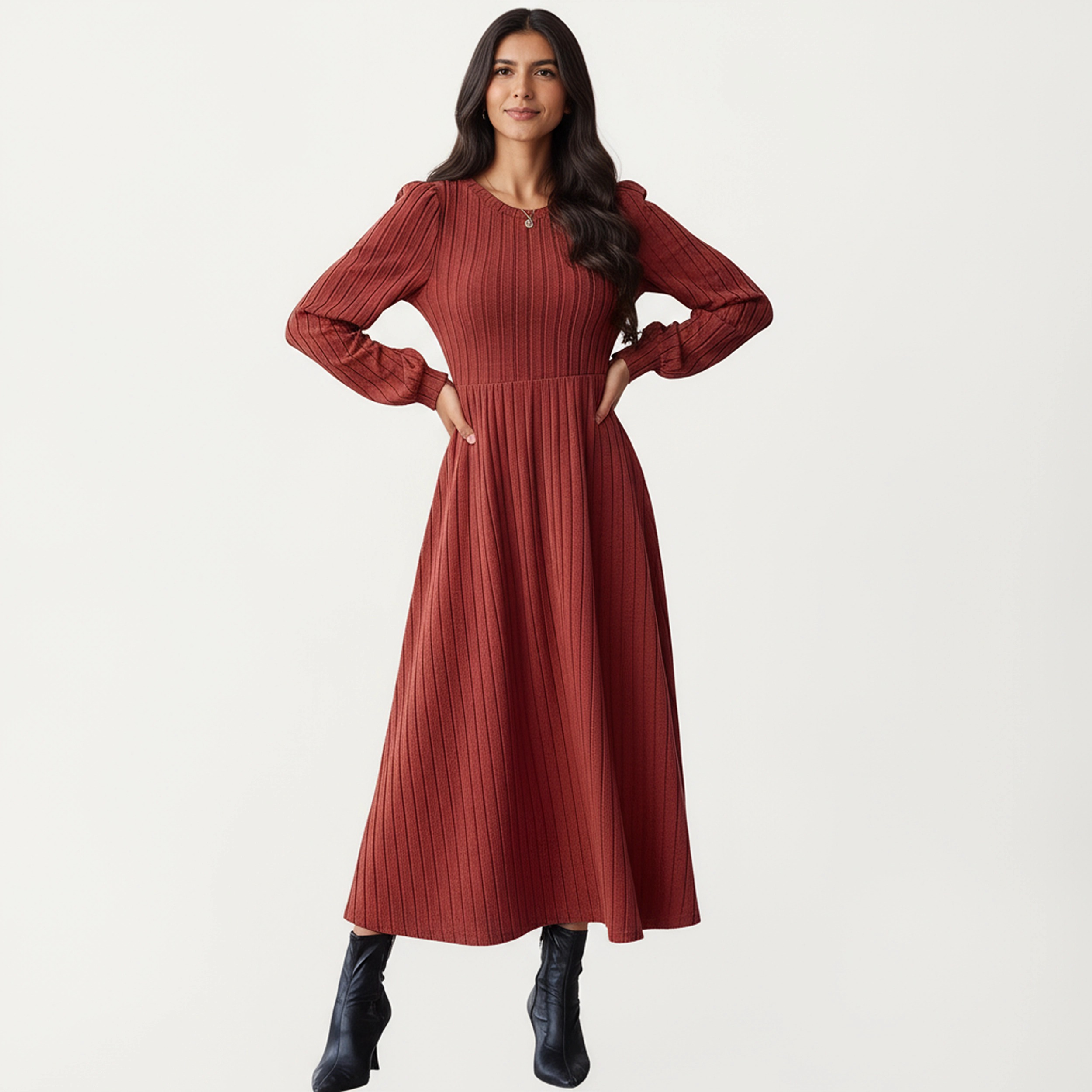 Anna-Kaci Women's Long Sleeve Pleated Fitted Maxi Dress