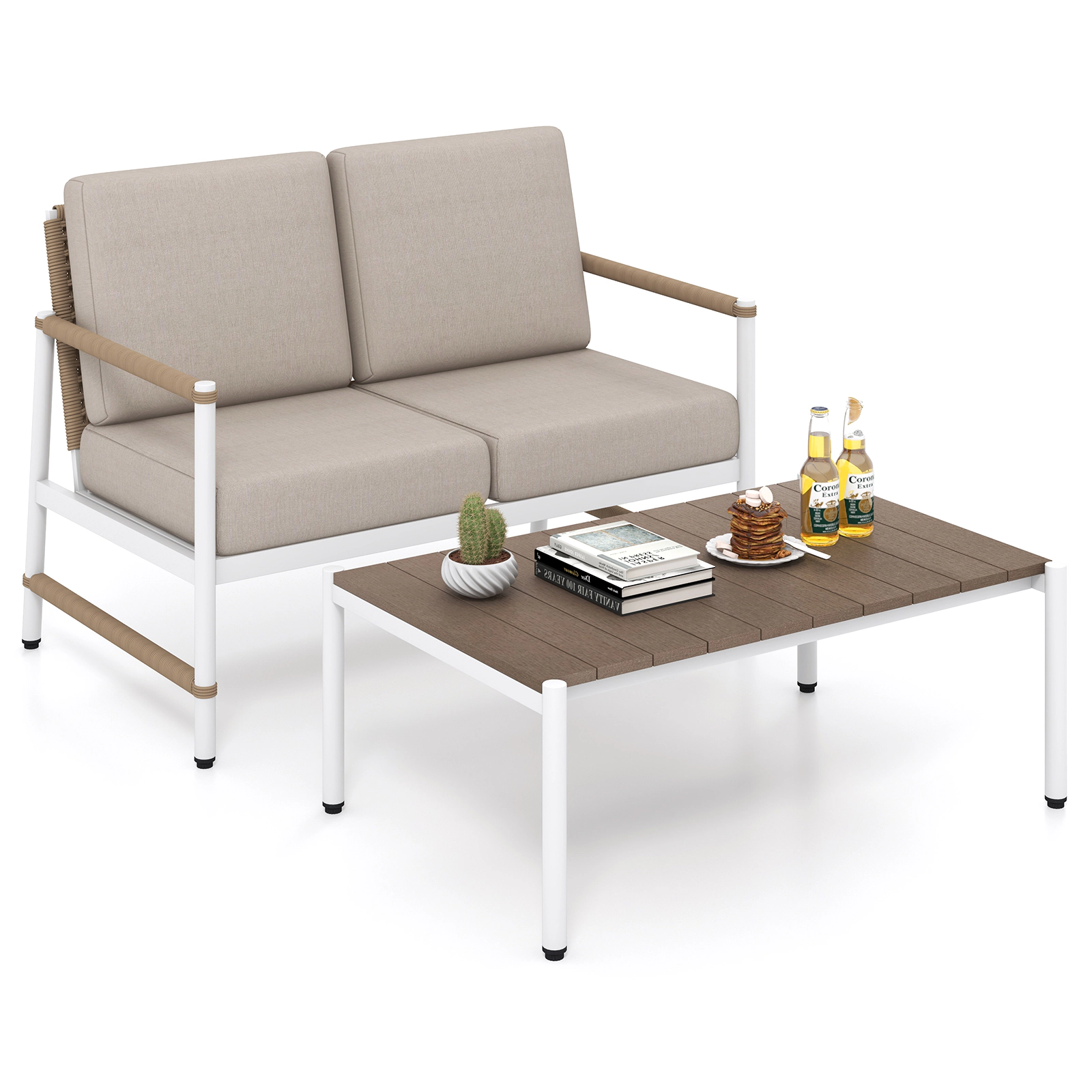 SUGIFT 5 in Thick Cushions Aluminum Frame Gray Patio Loveseat and Coffee Table Set