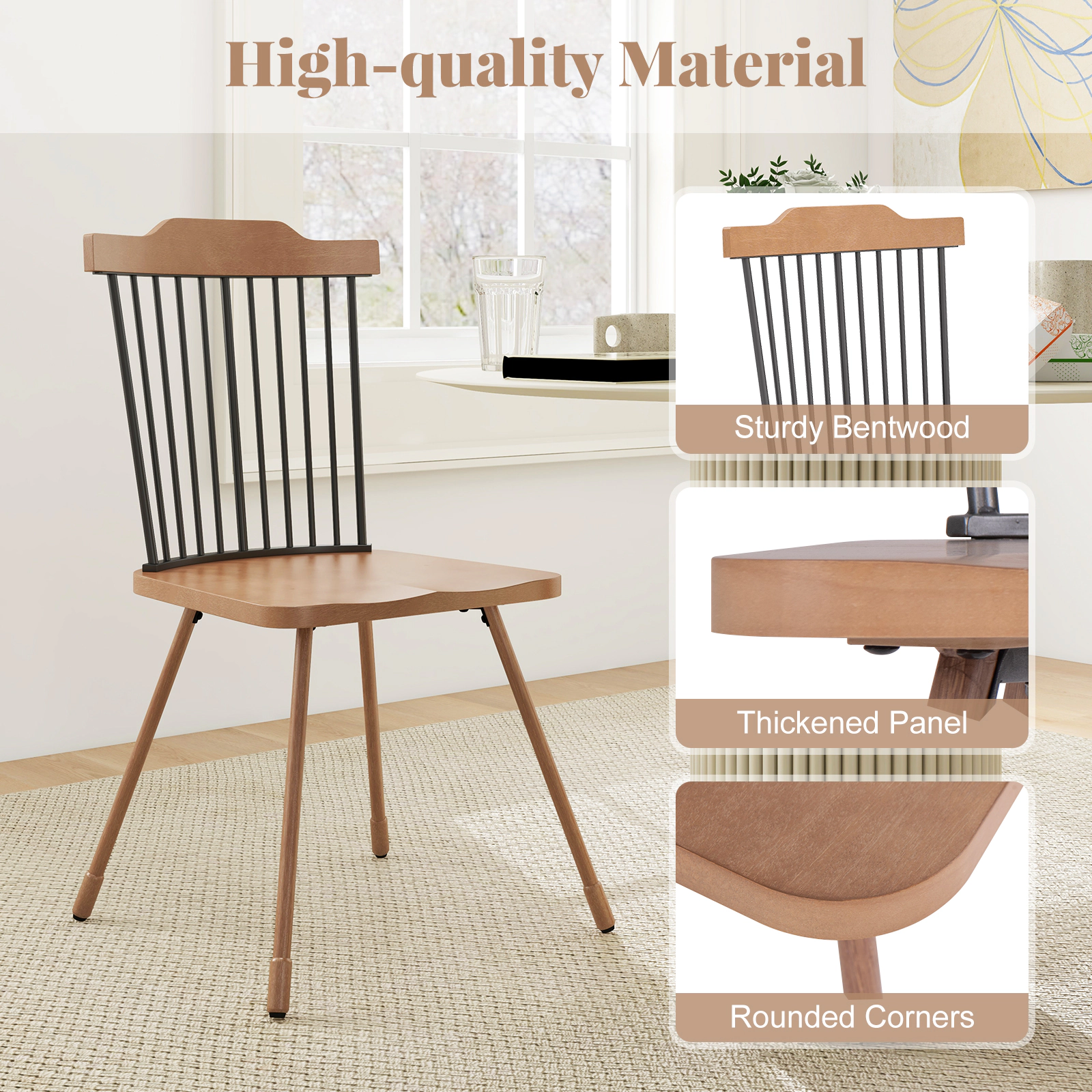 SUGIFT Spindle Back Dining Chair Set of 2 with Ergonomic Contoured Seat 350-lb Capacity Natural + Black
