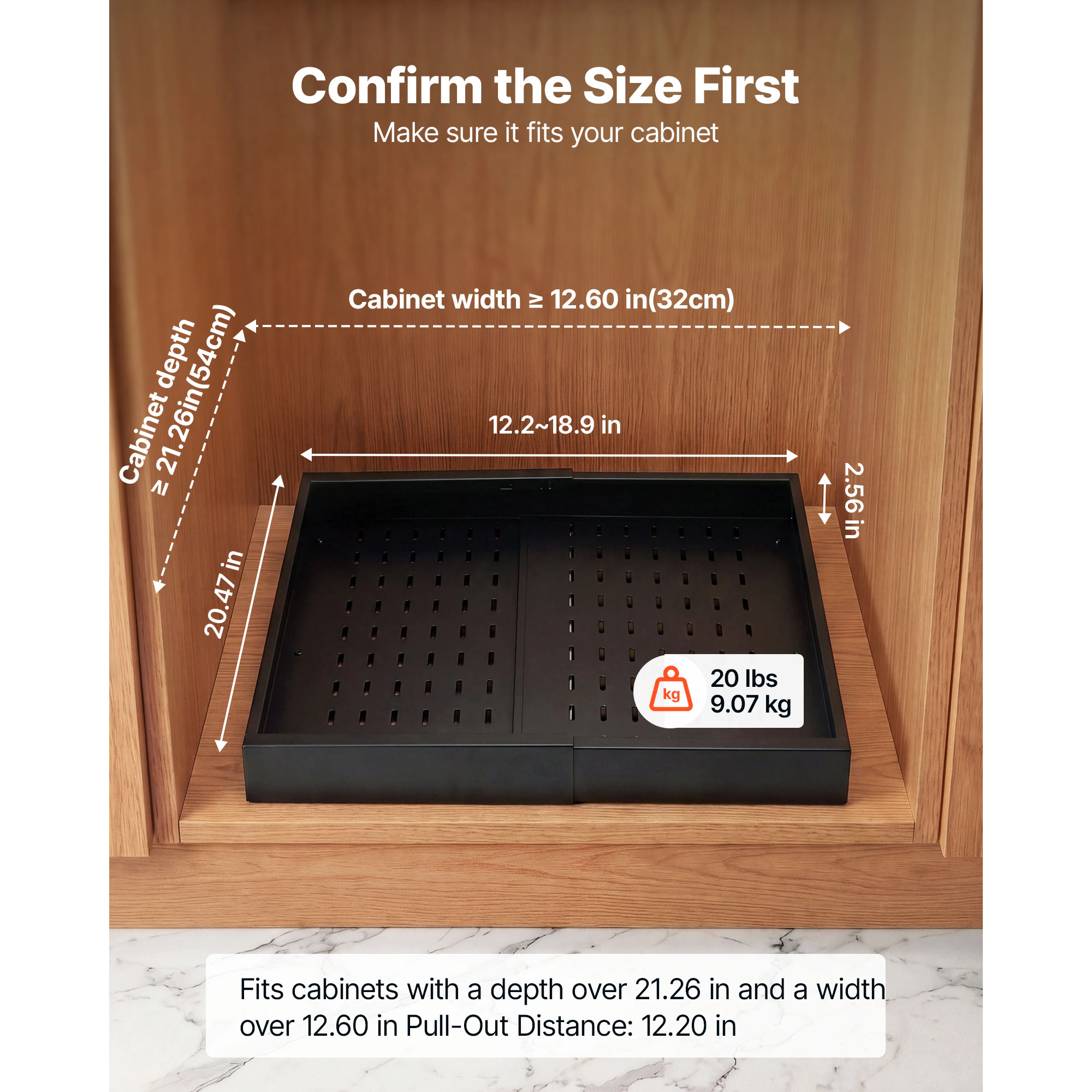 HONGGE Pull Out Cabinet Organizer Expandable Width 12.2" - 18.9" 20.47" Deep Drawers for Cabinets Sliding