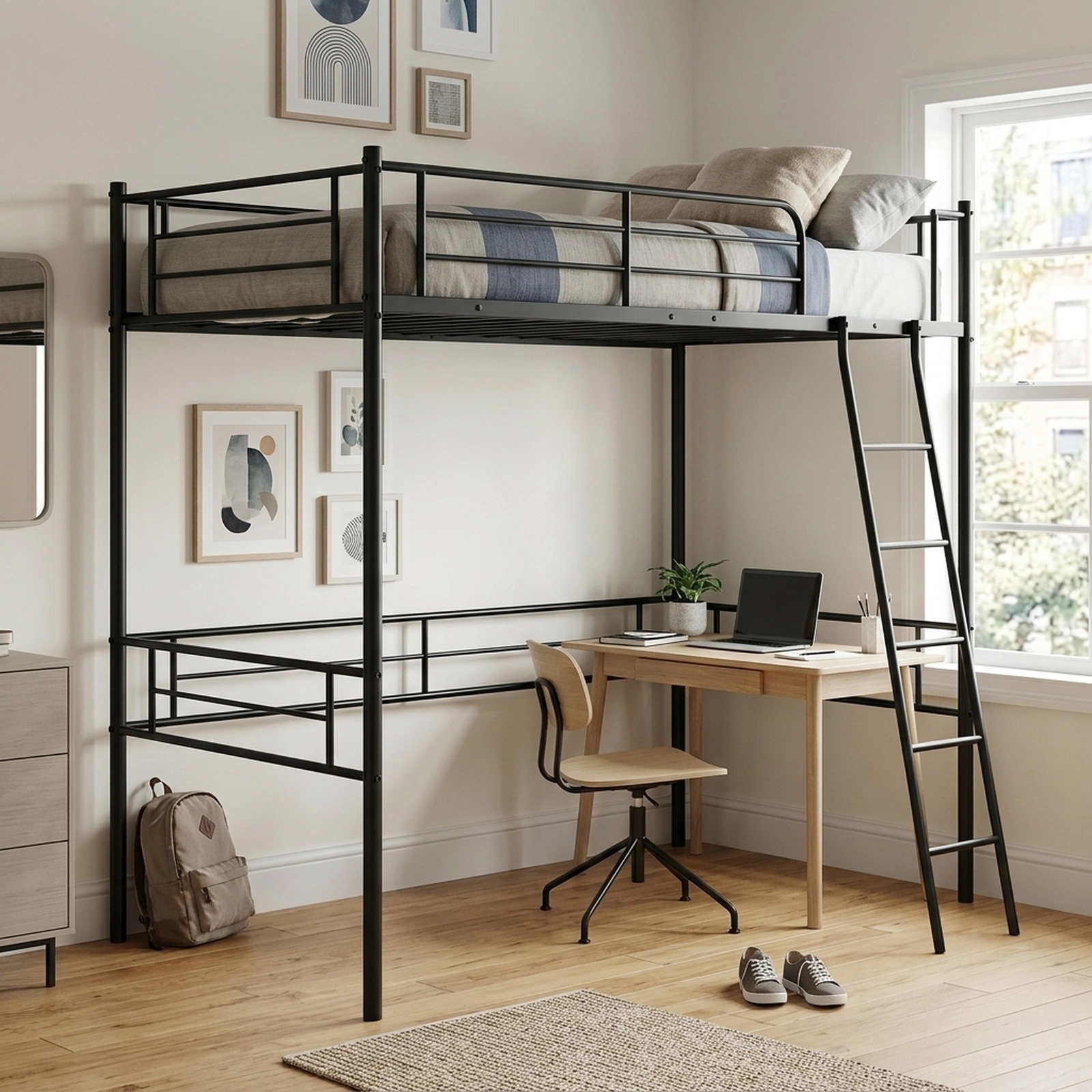 SUGIFT Twin Metal Loft Bed with 5-Step Ladder, 12-Inch Guardrails and 61-Inch Under-Bed Clearance, Black