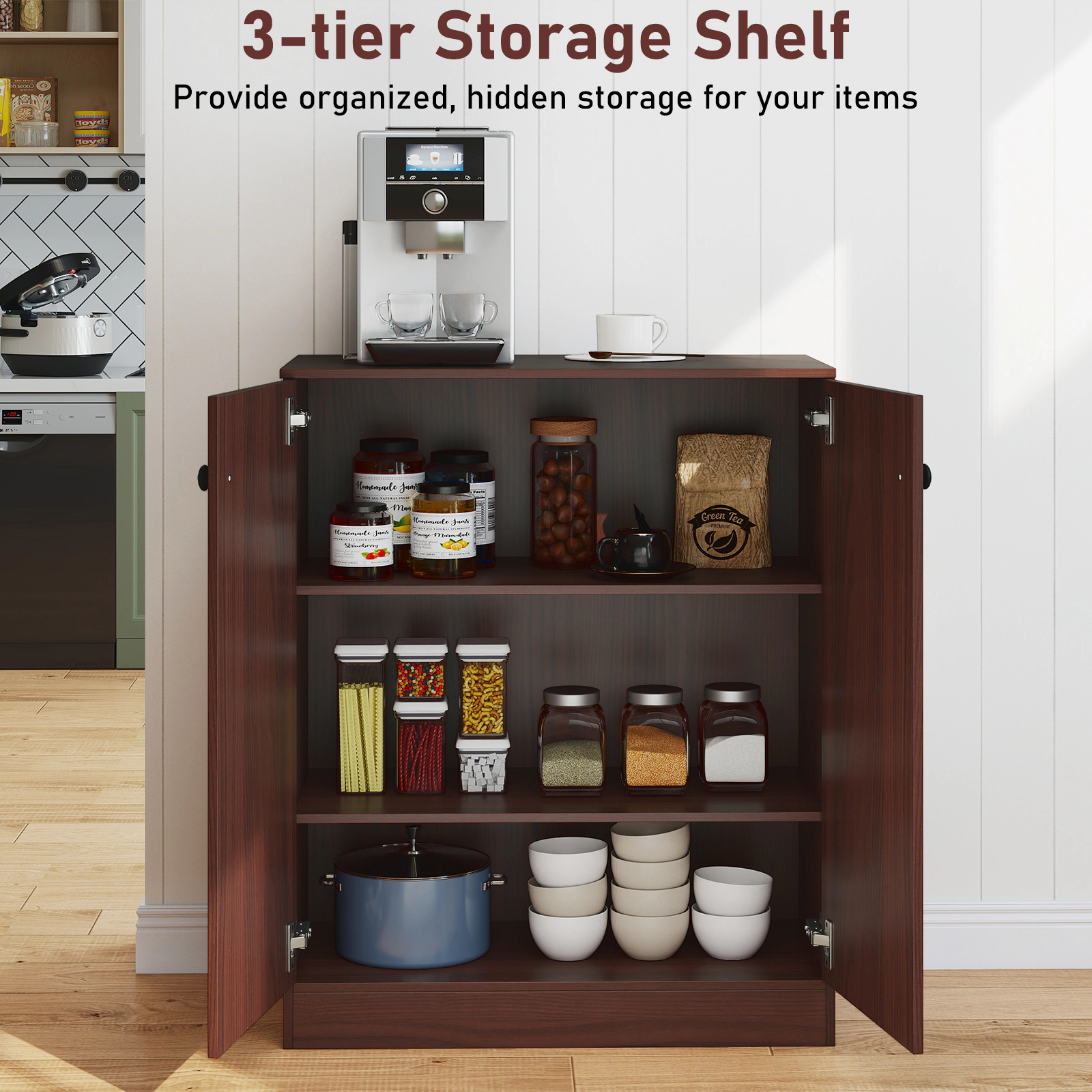 Slickblue Brown Accent Storage Cabinet with Adjustable Shelves for Kitchen Dining Room Home Office
