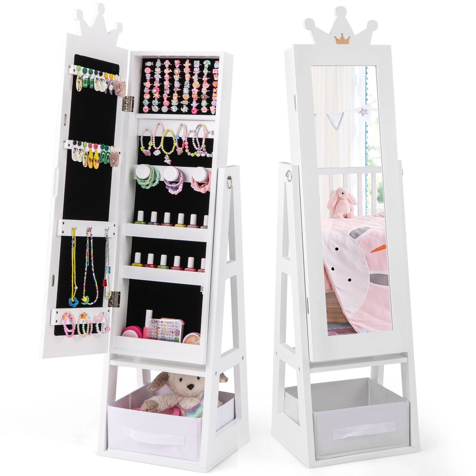 SUGIFT 45.5-in Pink Kids Standing Jewelry Cabinet with Dressing Mirror Tiered Trays and Hook Rows