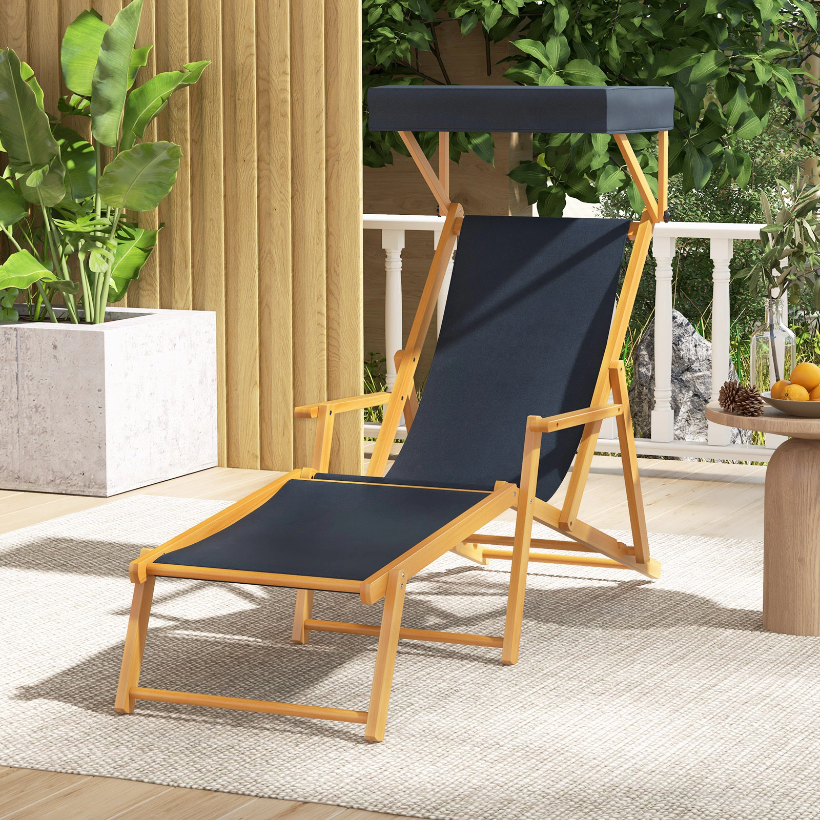 SUGIFT Birch Wood Chaise Lounge Beach Chair with Canopy, 4-Position Backrest, Footrest, Navy